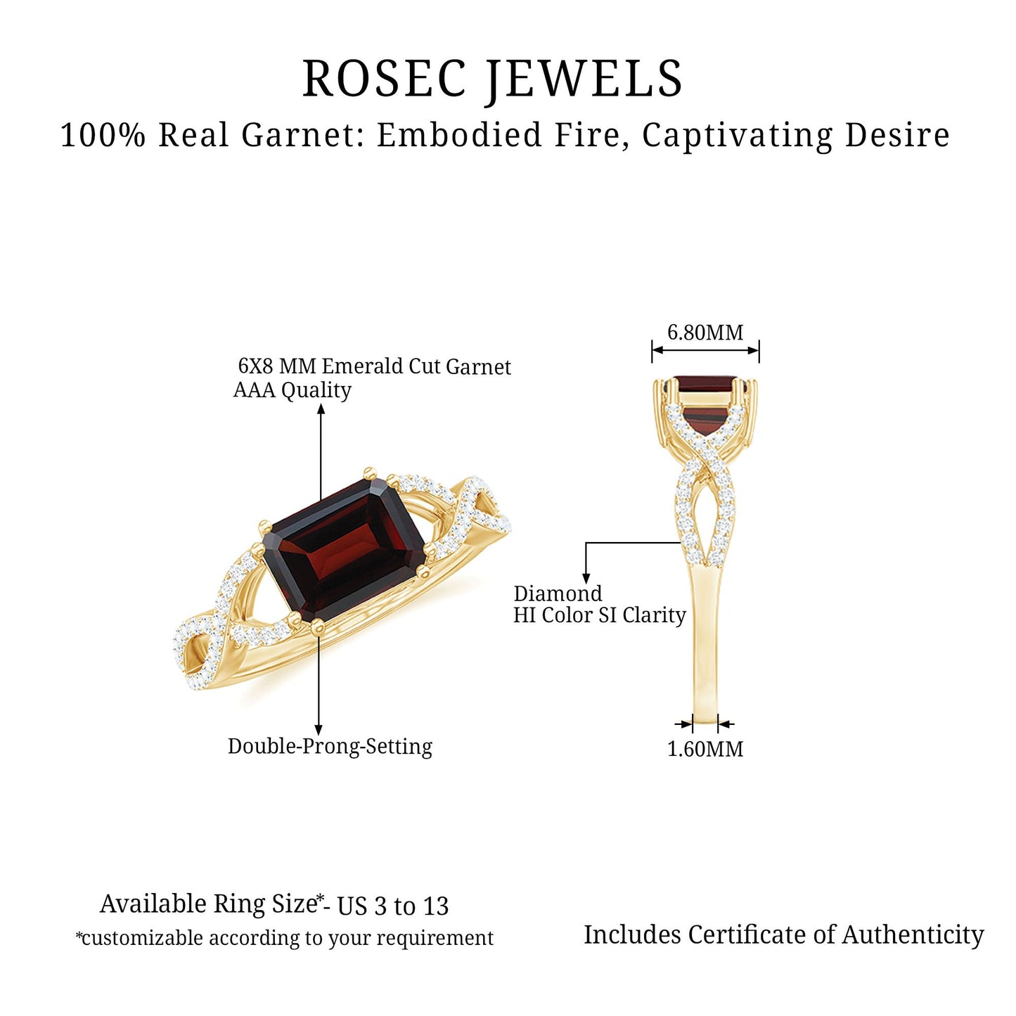 Certified Real Garnet Diamond Emerald Cut Engagement Ring in East West Style
