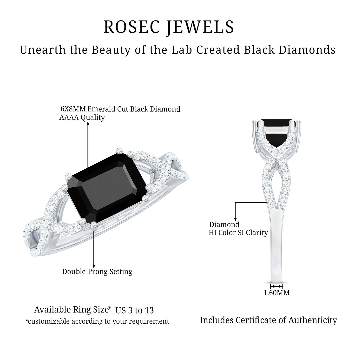 East West Style 1.6 Carat Lab Grown Black and White Diamond Engagement Ring with Crossover Shank