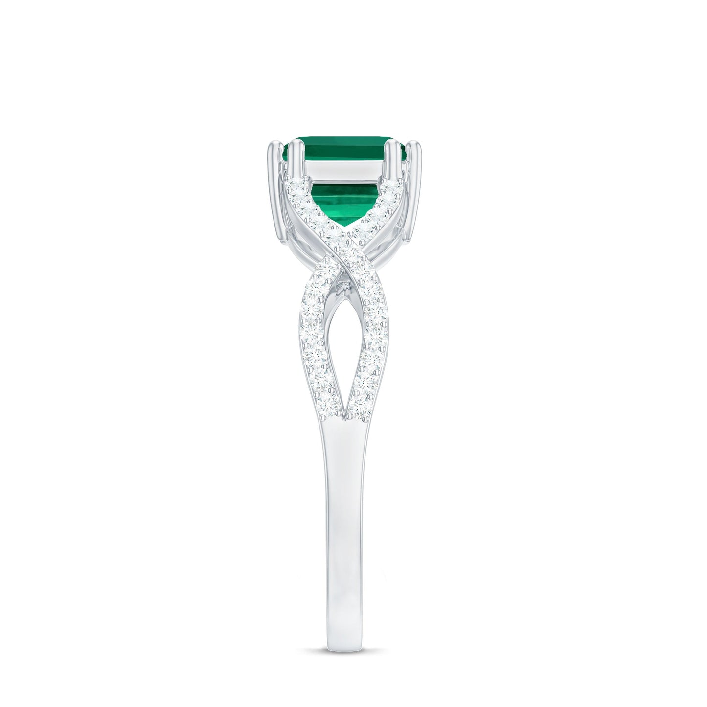 East West Style Lab Grown Emerald Cut Emerald Engagement Ring with Diamond