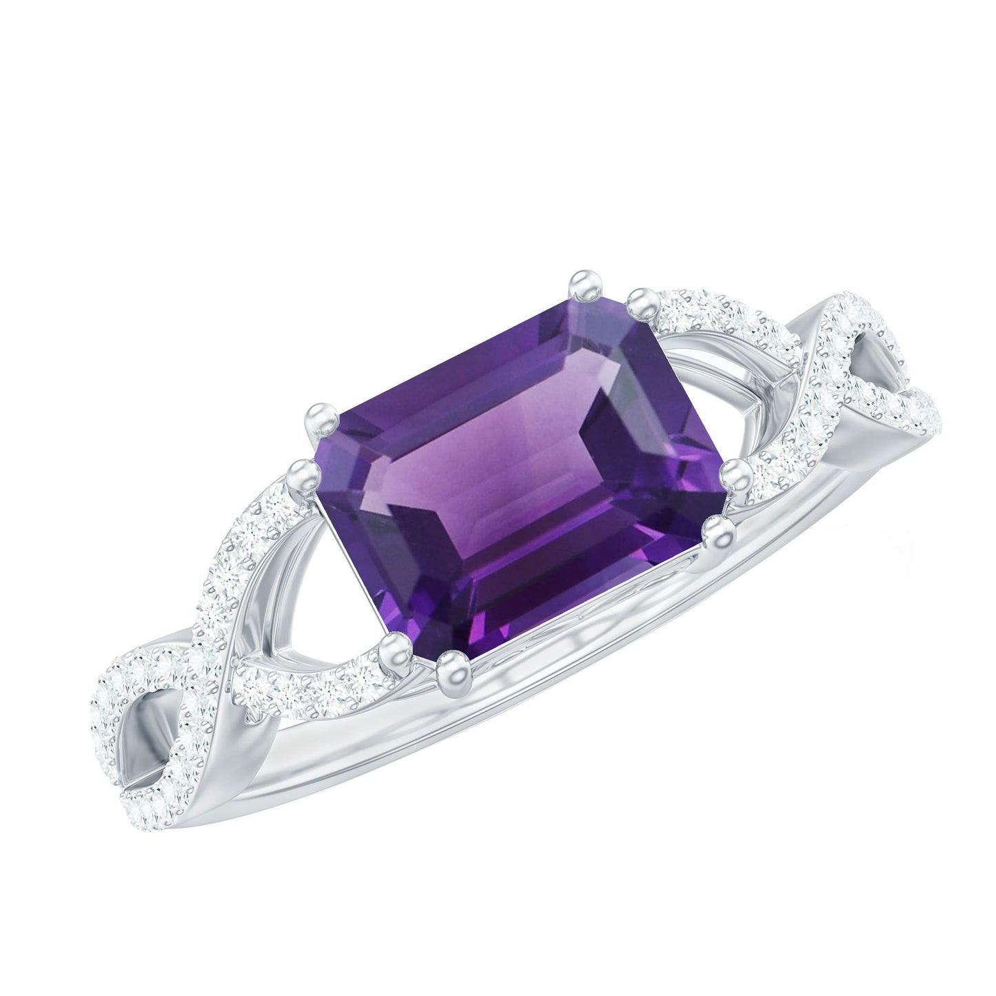 East West Style 1.4 Carat Emerald Cut Amethyst Engagement Ring with Diamonds