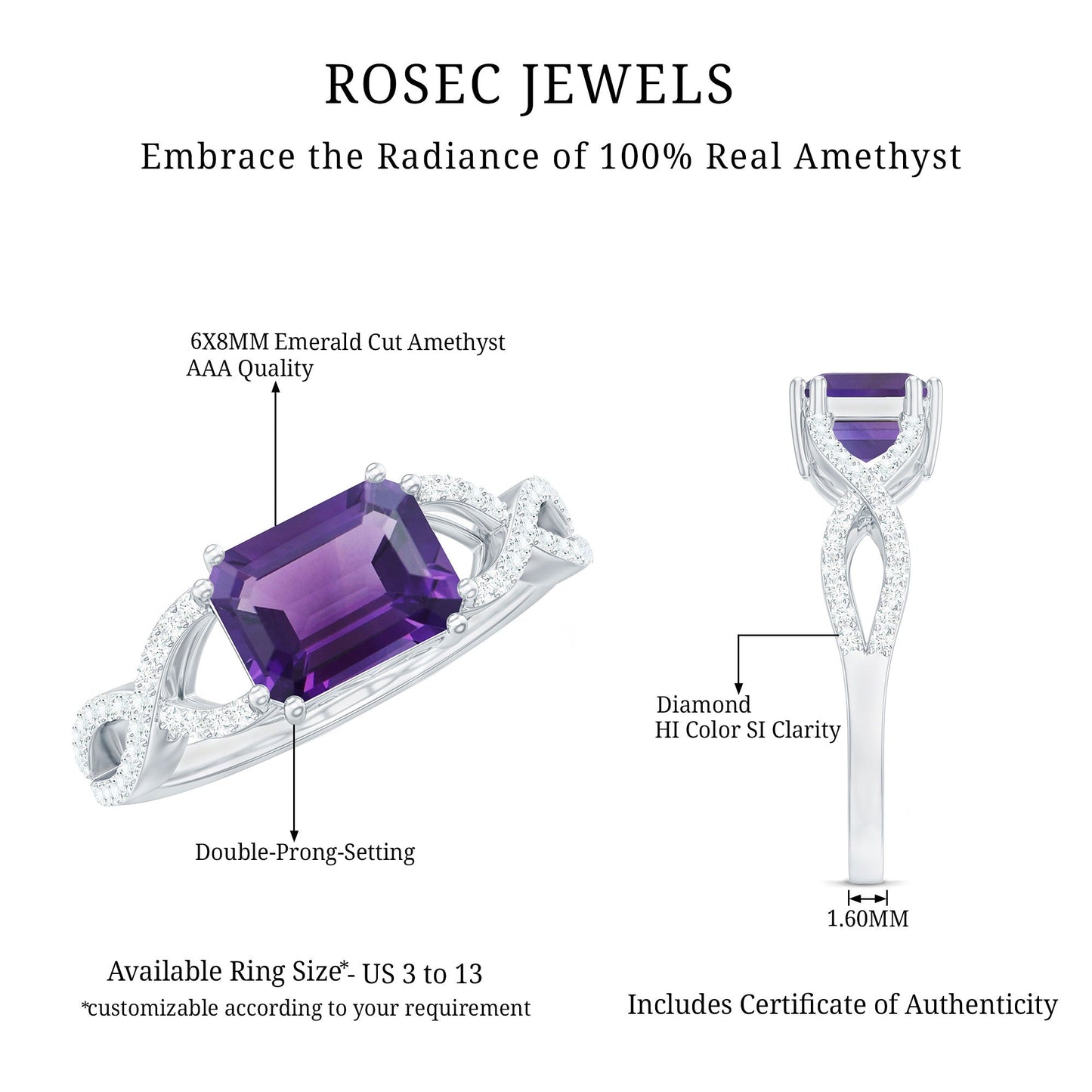 East West Style 1.4 Carat Emerald Cut Amethyst Engagement Ring with Diamonds