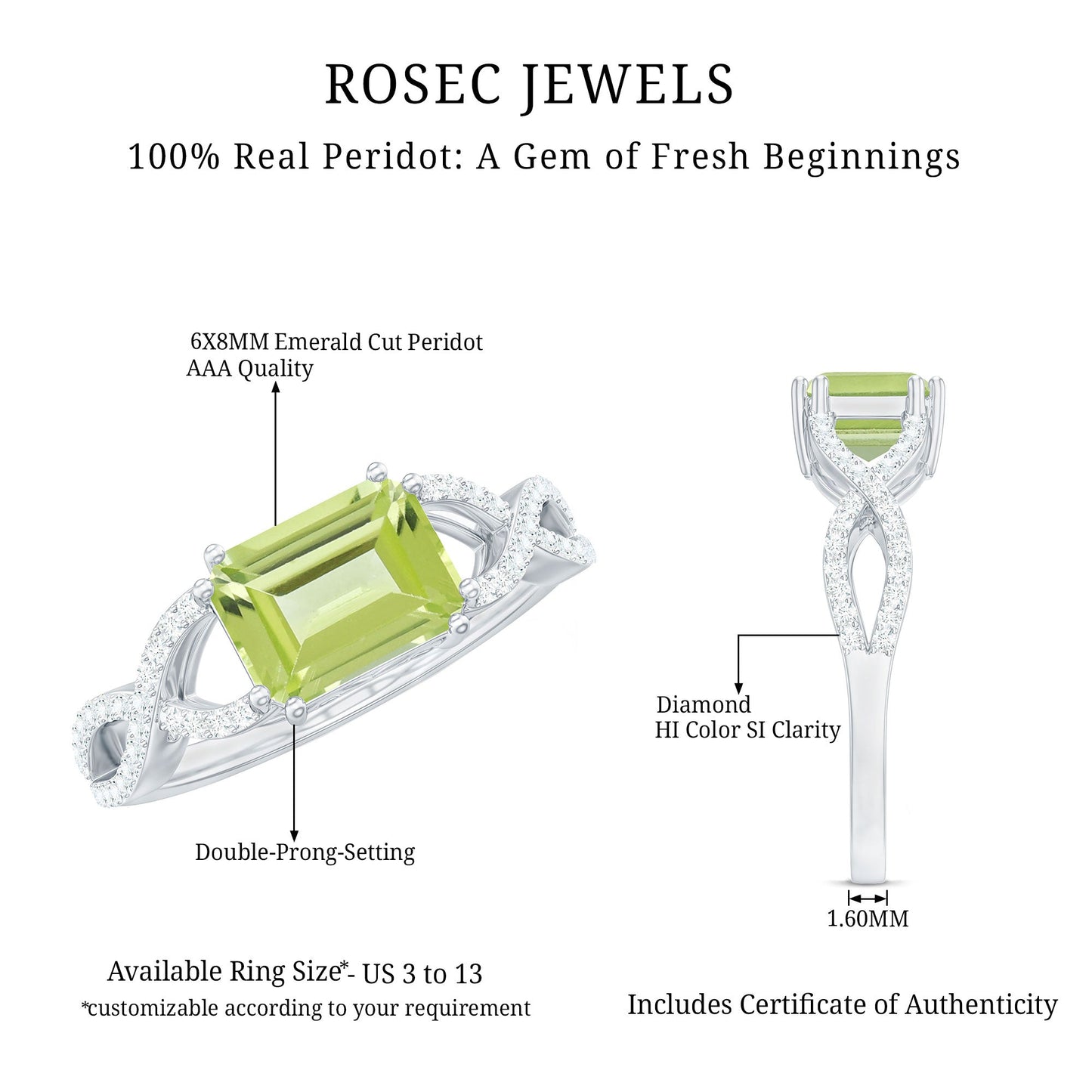 1.8 Carat Emerald Cut Peridot Engagement Ring Diamond Crossover Shank