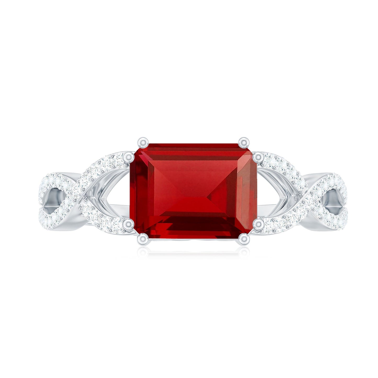 Emerald Cut Created Ruby East-West Crossover Ring with Diamond
