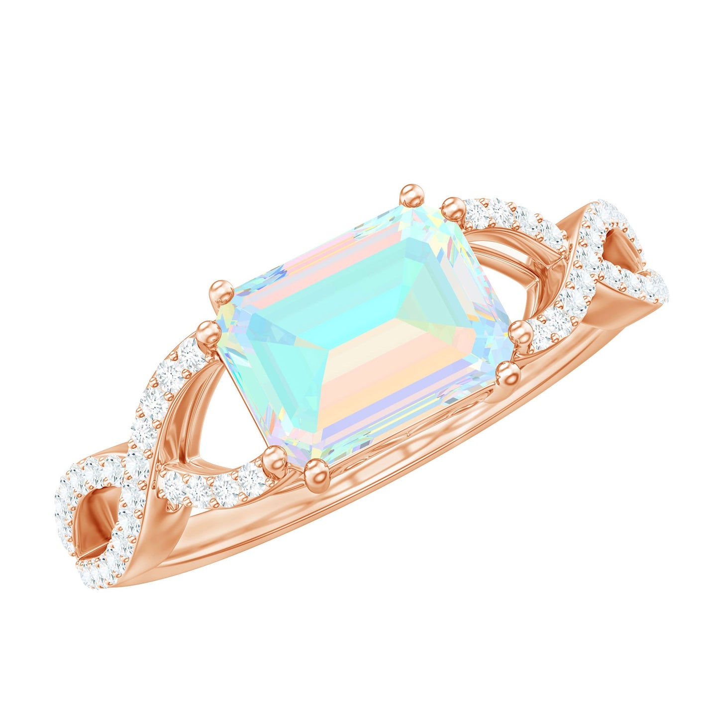 Natural Emerald Cut Opalescent Diamond Engagement Ring in East West Style