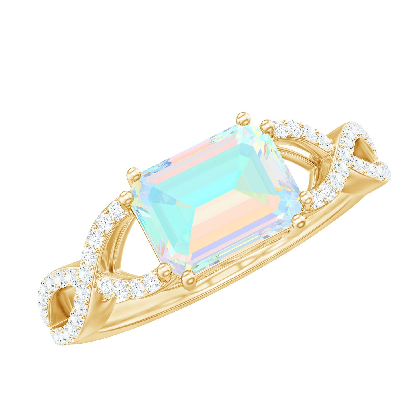 Natural Emerald Cut Opalescent Diamond Engagement Ring in East West Style