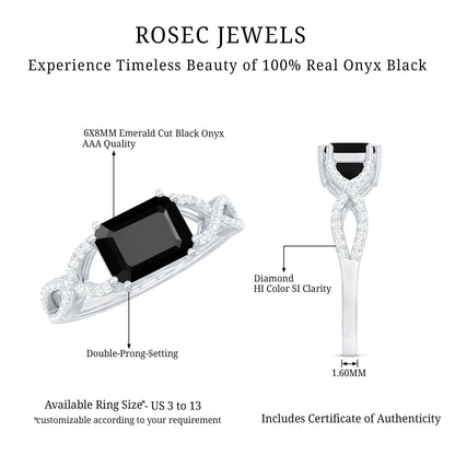 Designer Black Onyx Crossover Engagement Ring with Diamonds