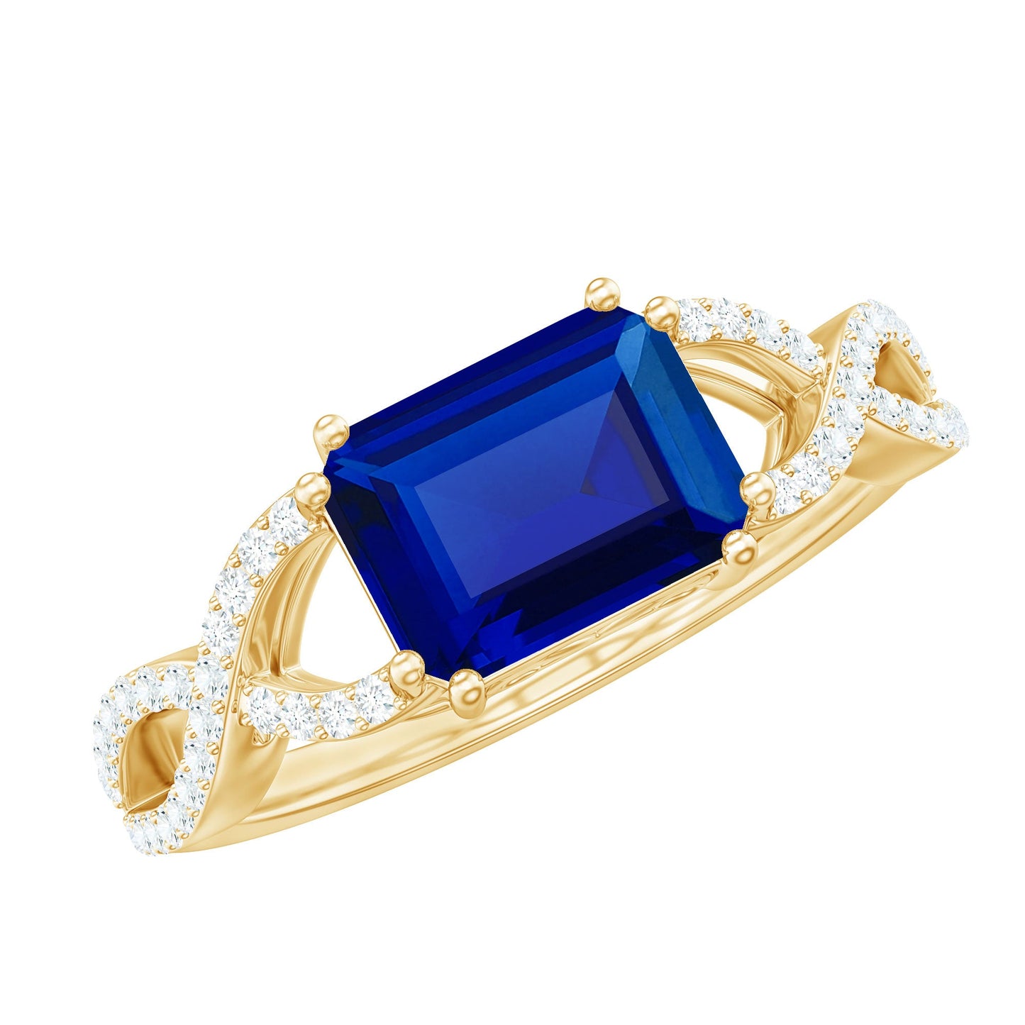 Certified 1.75 Carat Lab Created Blue Sapphire East West Engagement Ring with Diamond Crossover Shank