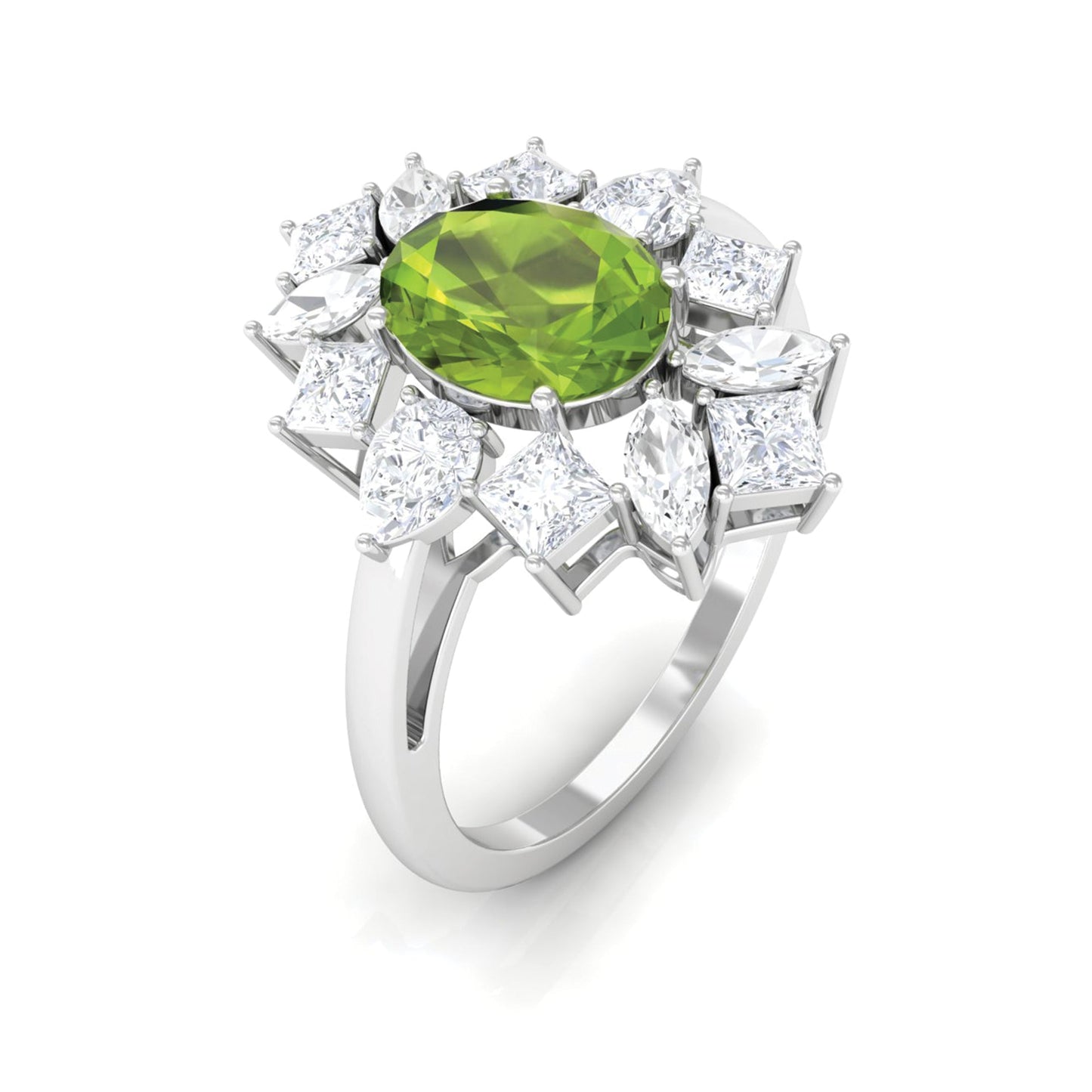 1 Carat Natural Peridot Cocktail Ring with Moissanite Stones