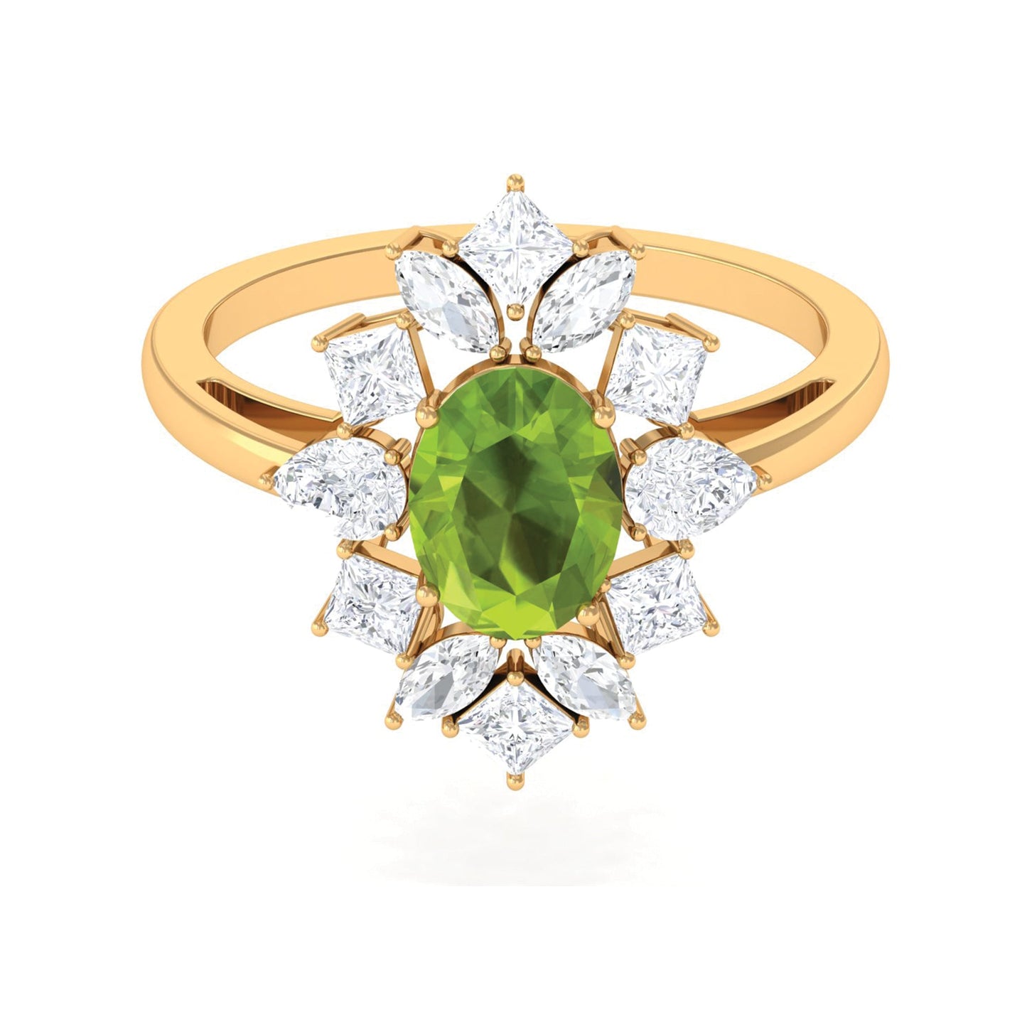 1 Carat Natural Peridot Cocktail Ring with Moissanite Stones