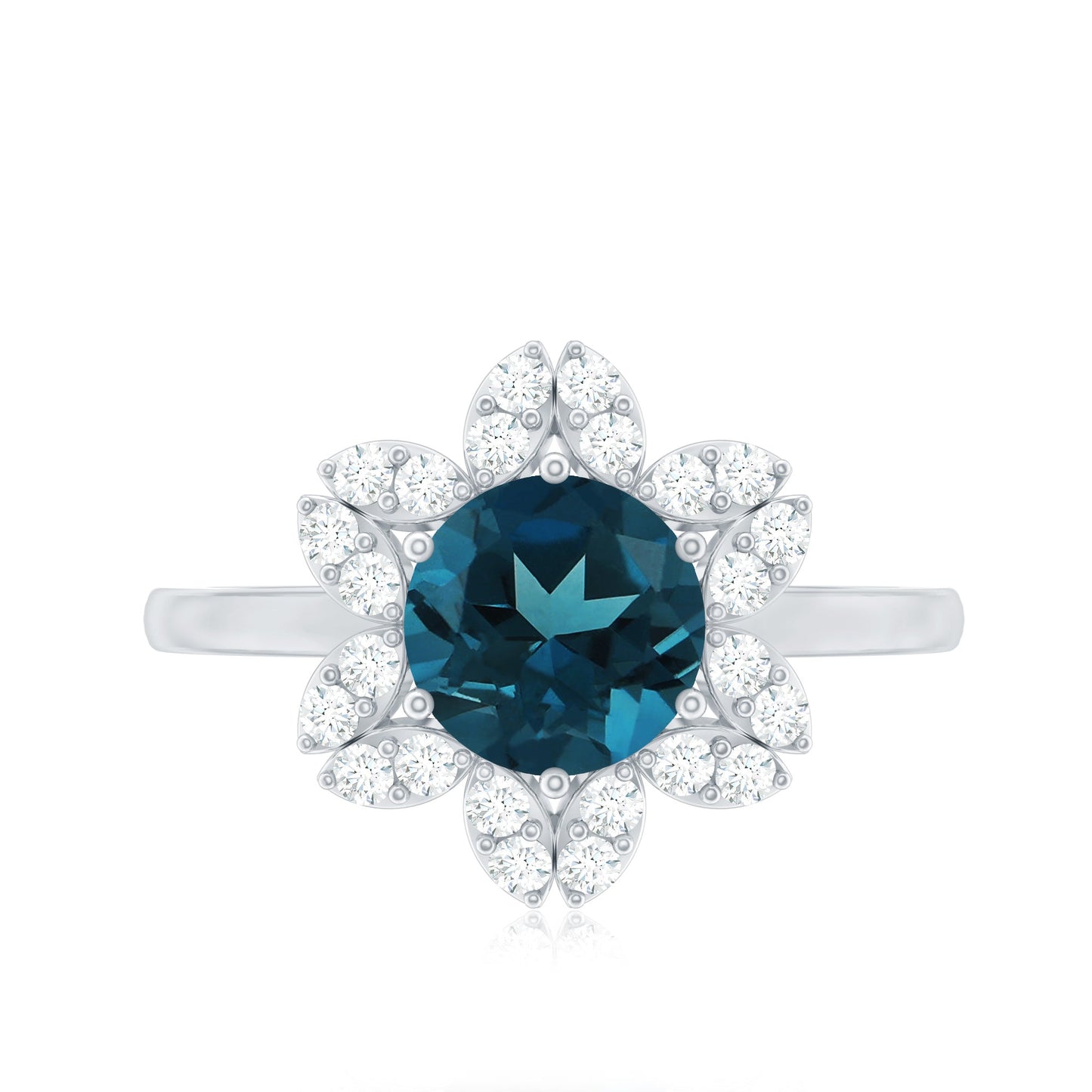 1.3 Carat Round London Blue Topaz Floral Engagement Ring with Diamond