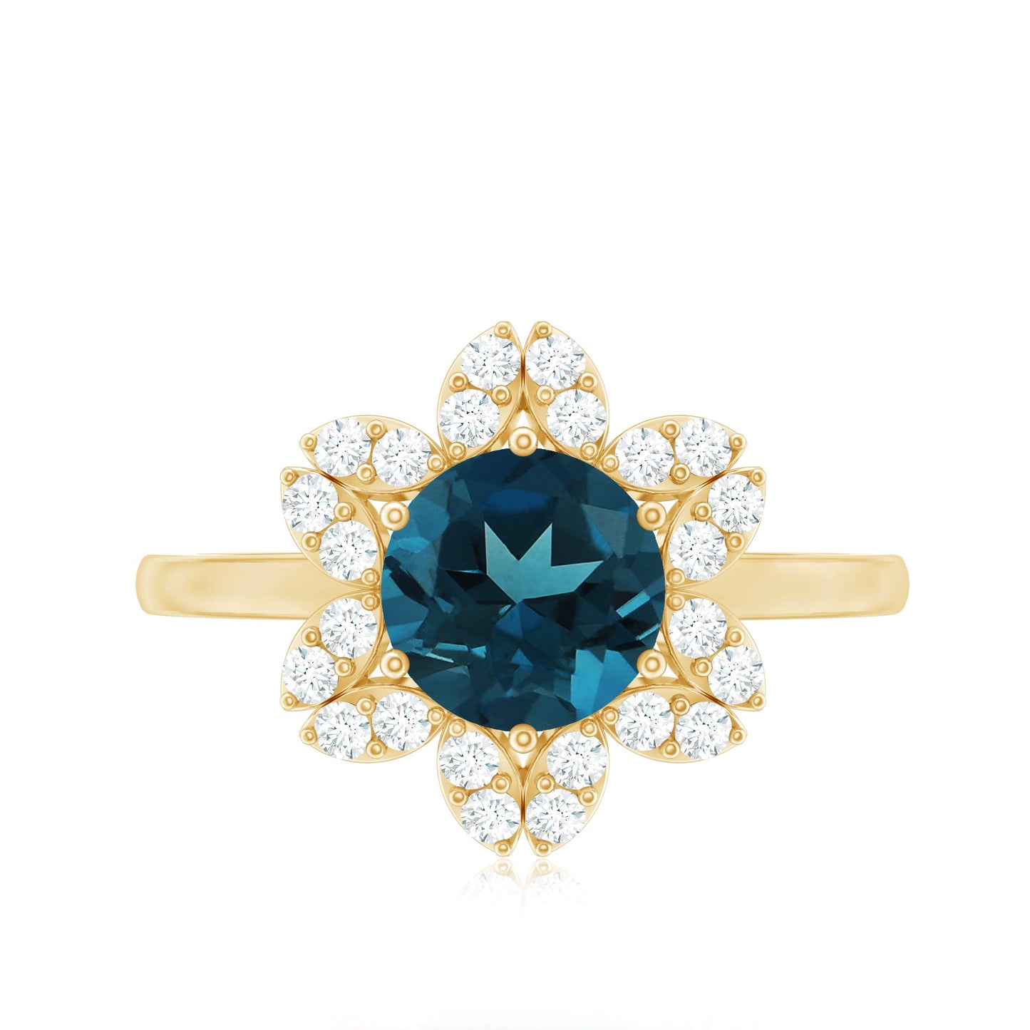 1.3 Carat Round London Blue Topaz Floral Engagement Ring with Diamond