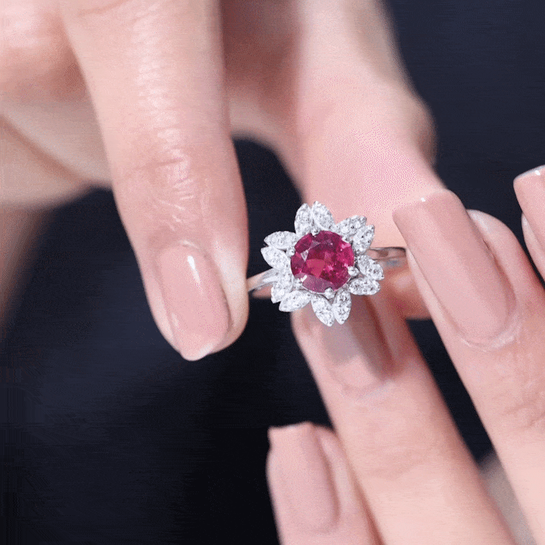 Real 1.2 Carat Round Pink Tourmaline Flower Engagement Ring with Diamond