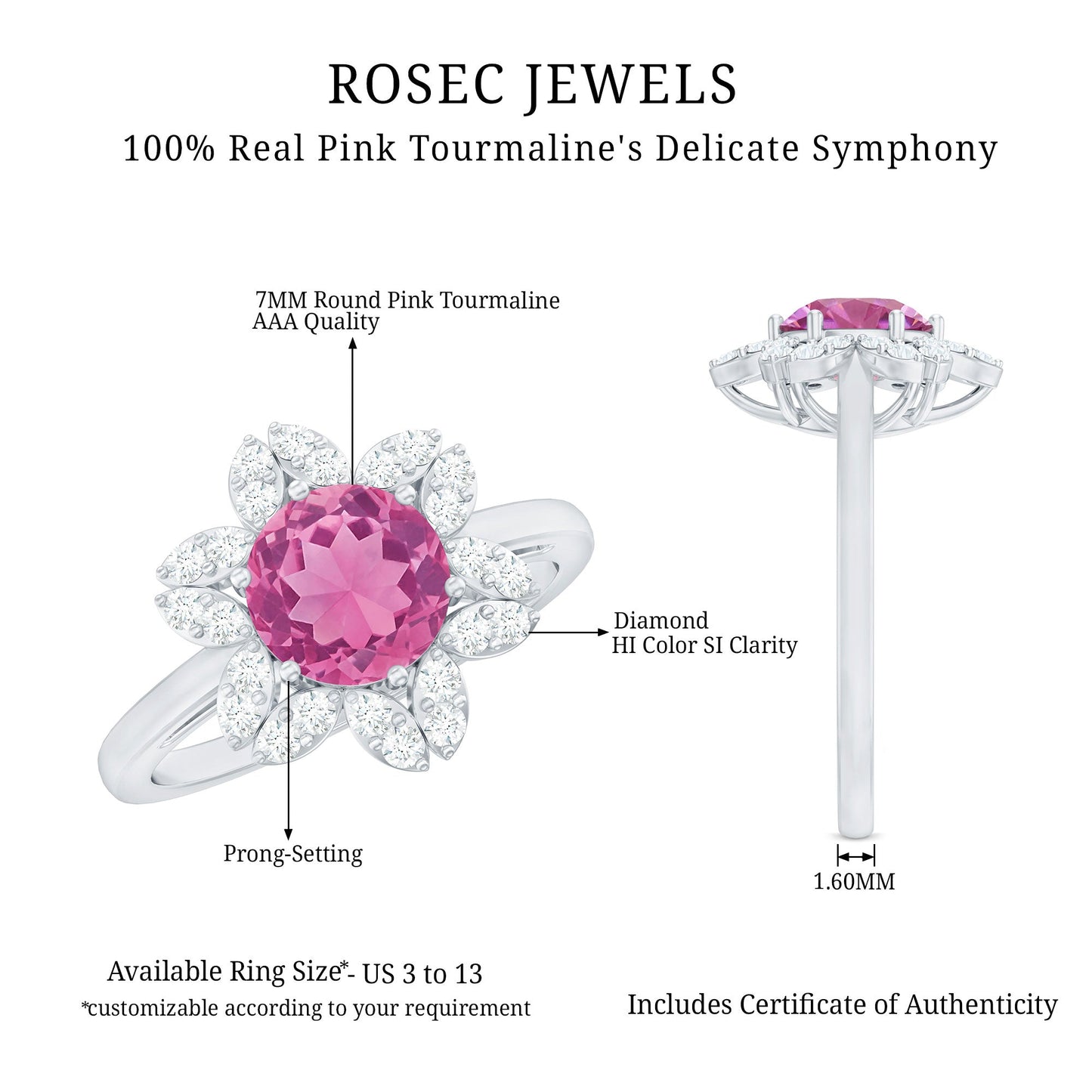 Real 1.2 Carat Round Pink Tourmaline Flower Engagement Ring with Diamond