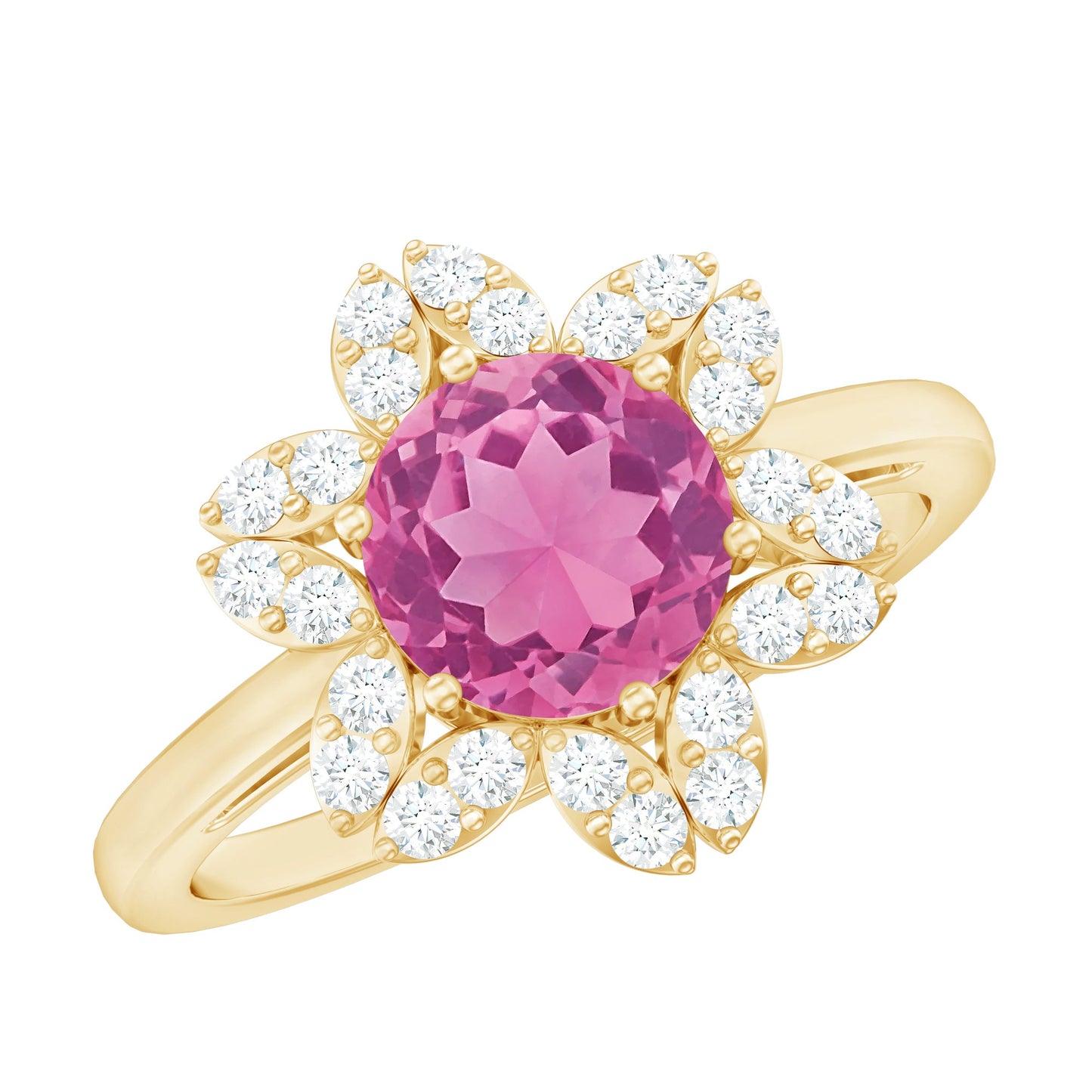 Real 1.2 Carat Round Pink Tourmaline Flower Engagement Ring with Diamond