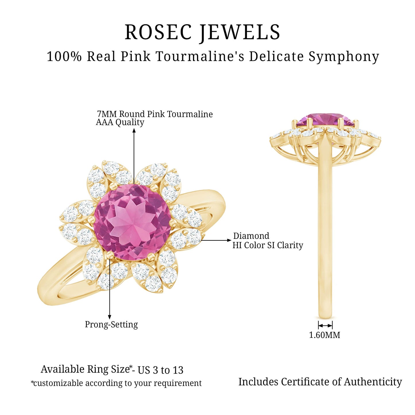 Real 1.2 Carat Round Pink Tourmaline Flower Engagement Ring with Diamond