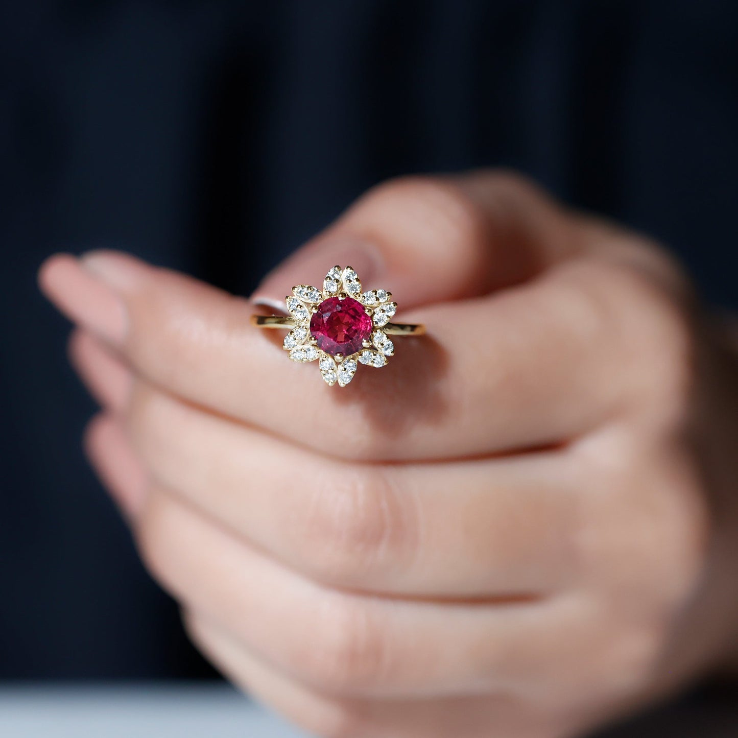 Real 1.2 Carat Round Pink Tourmaline Flower Engagement Ring with Diamond