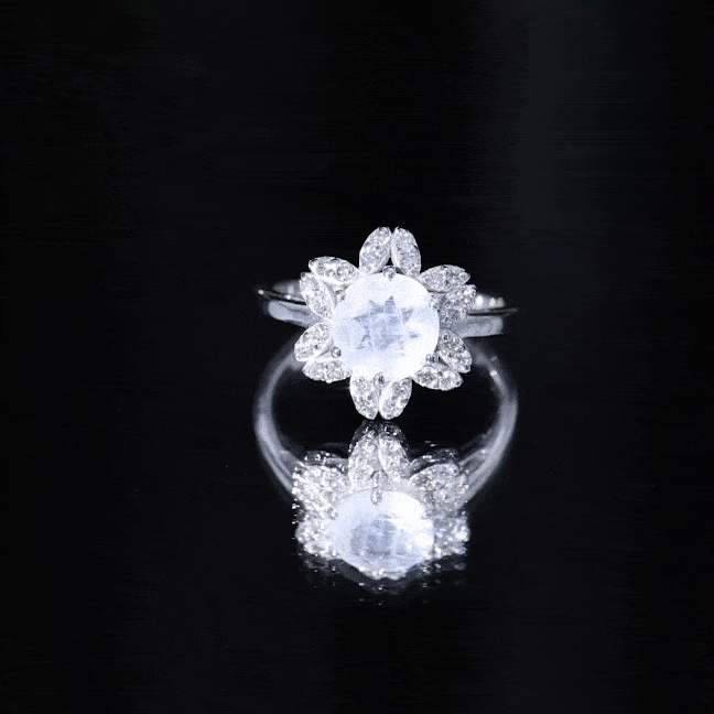 0.85 CT Moonstone and Diamond Floral Halo Engagement Ring