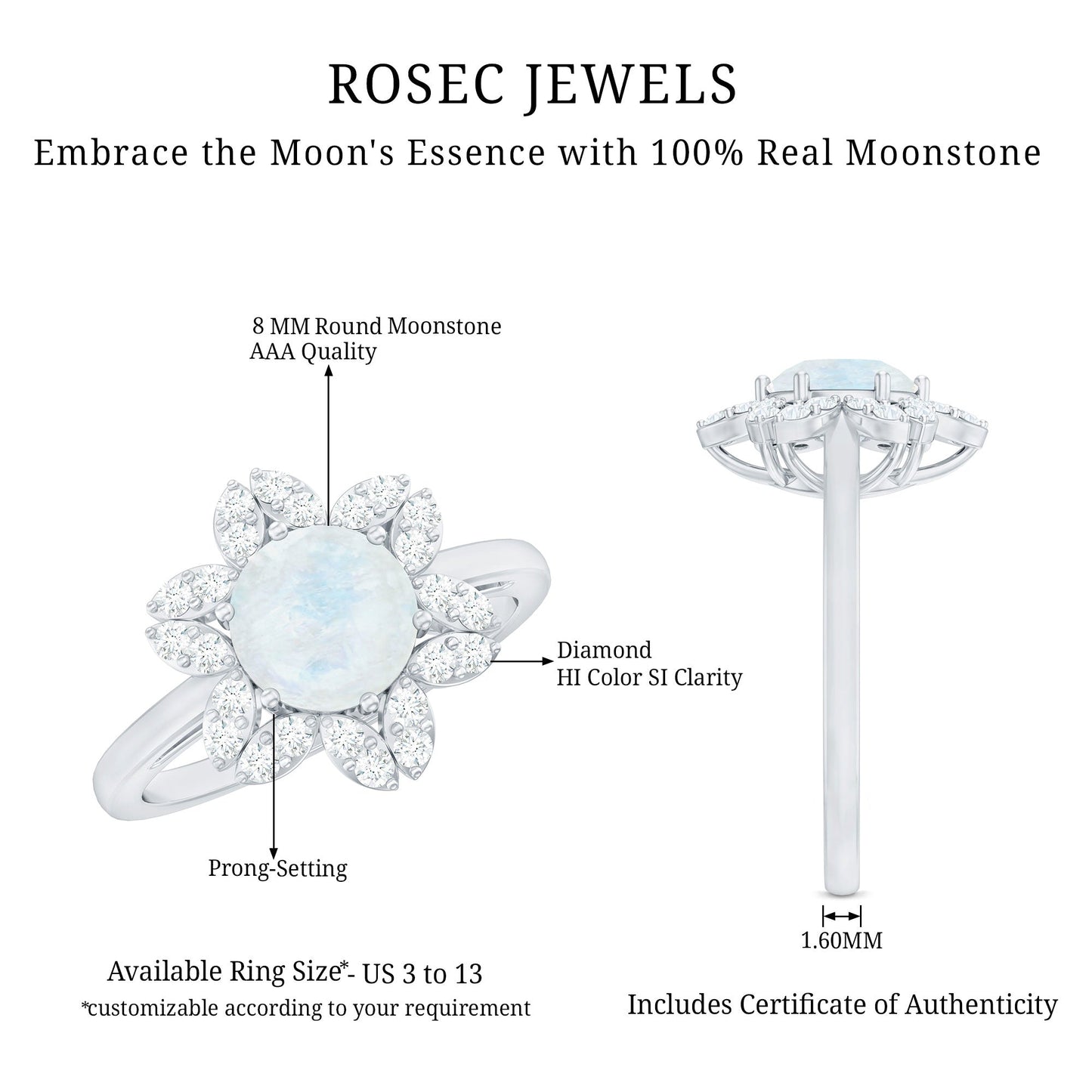 0.85 CT Moonstone and Diamond Floral Halo Engagement Ring
