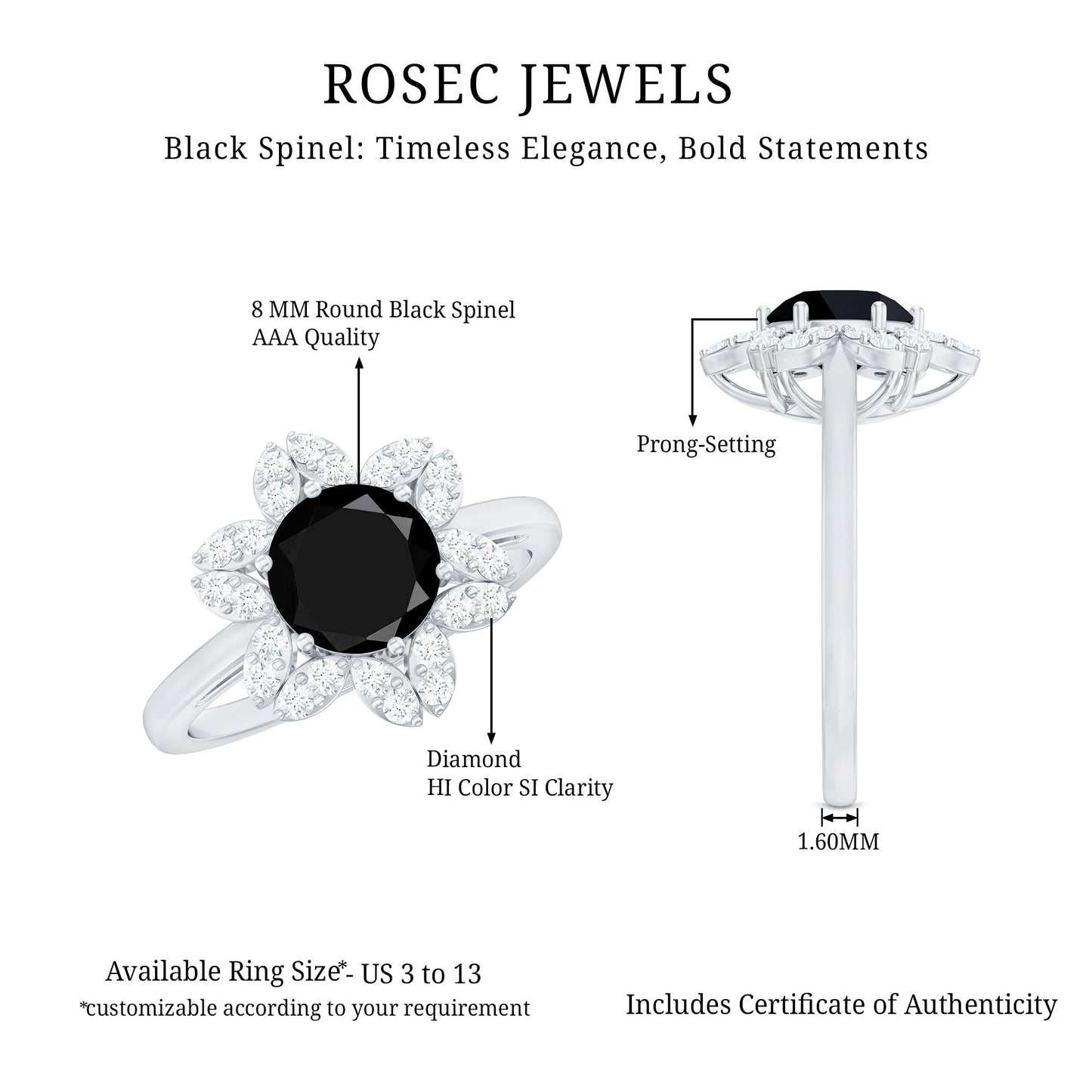 Natural 2.6 Carat Black Spinel Flower Engagement Ring with Diamond
