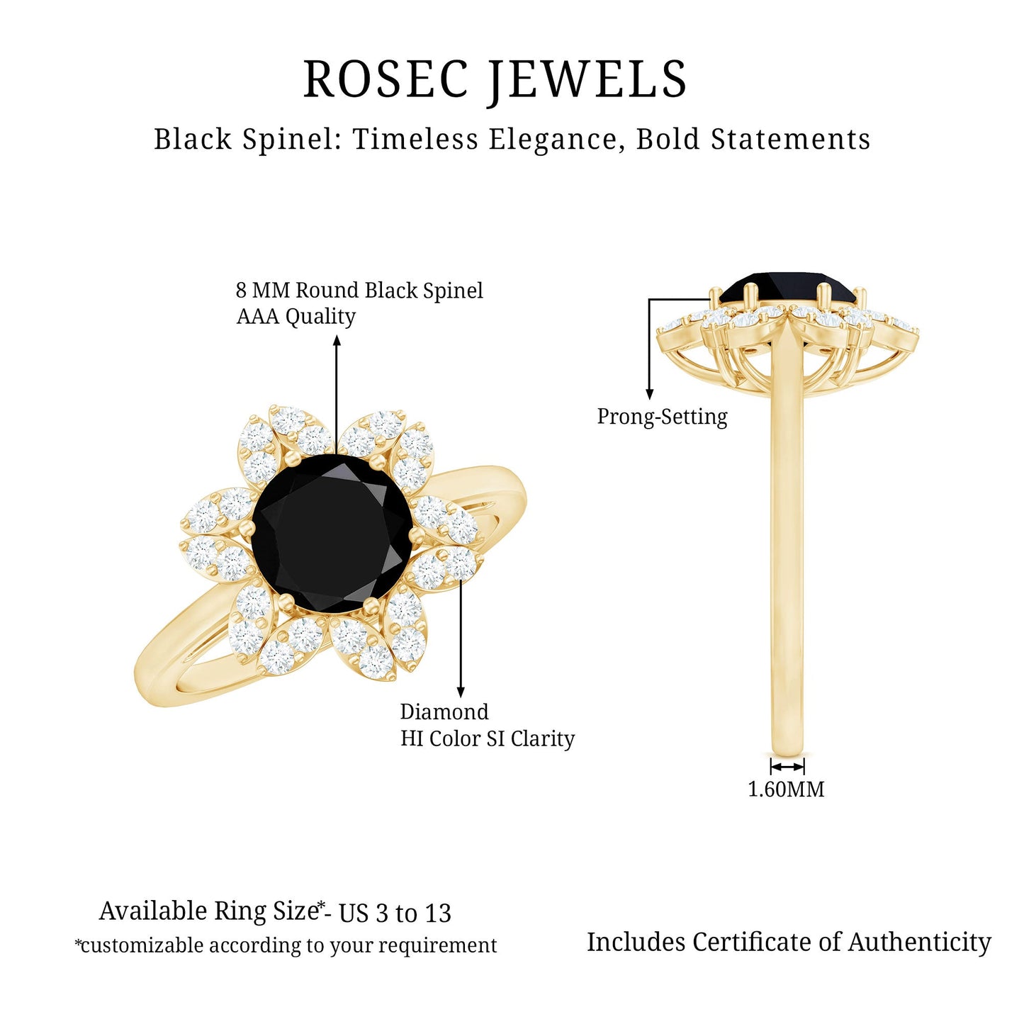 Natural 2.6 Carat Black Spinel Flower Engagement Ring with Diamond