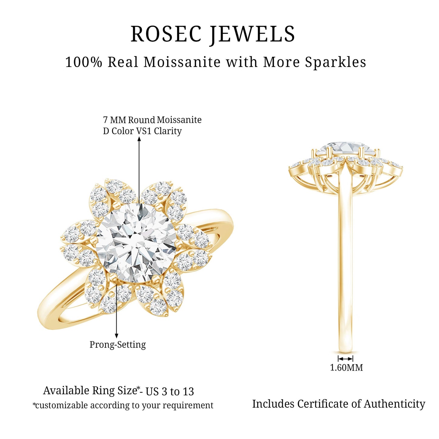 Certified Moissanite Flower Halo Engagement Ring for Women