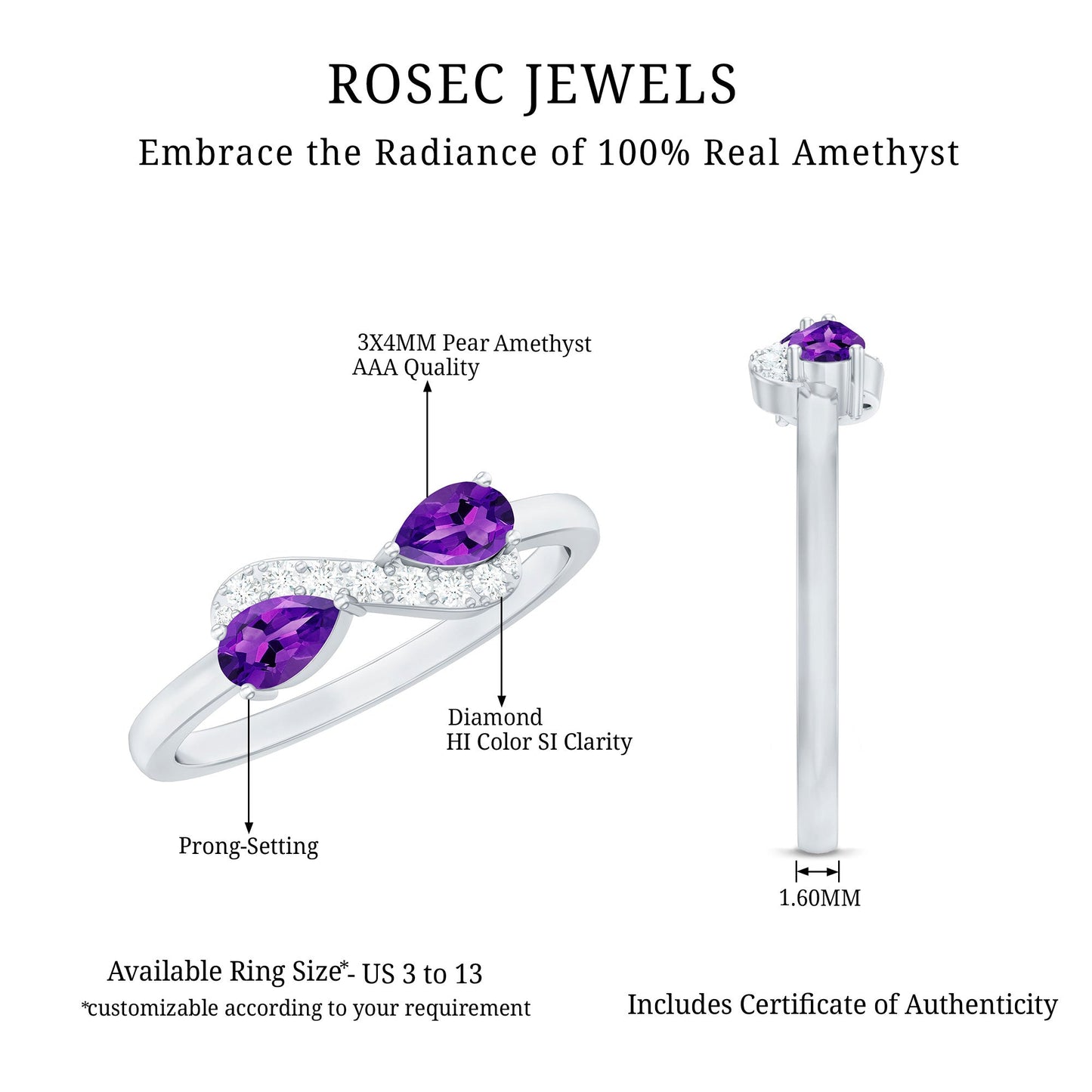 Pear Shaped Amethyst Infinity Promise Ring with Diamond