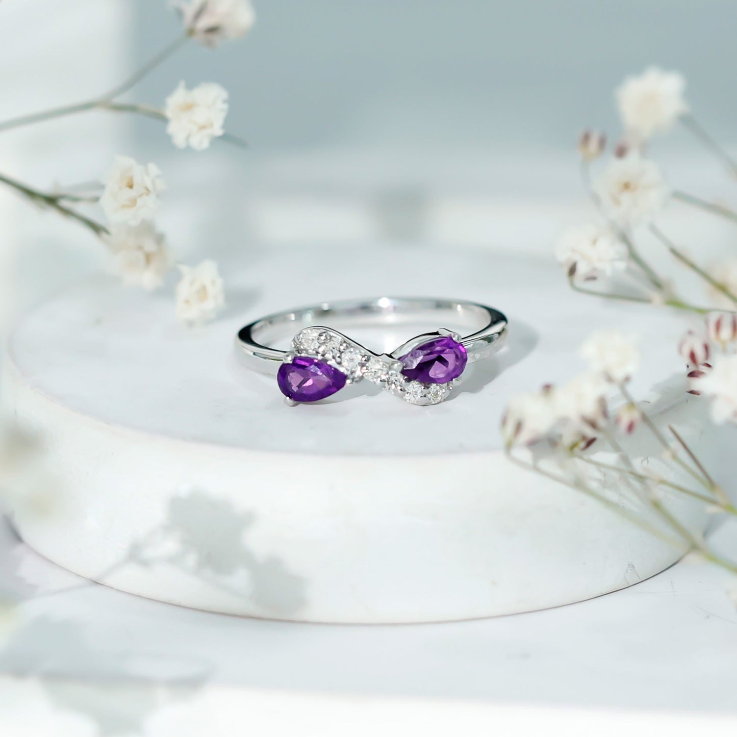 Pear Shaped Amethyst Infinity Promise Ring with Diamond