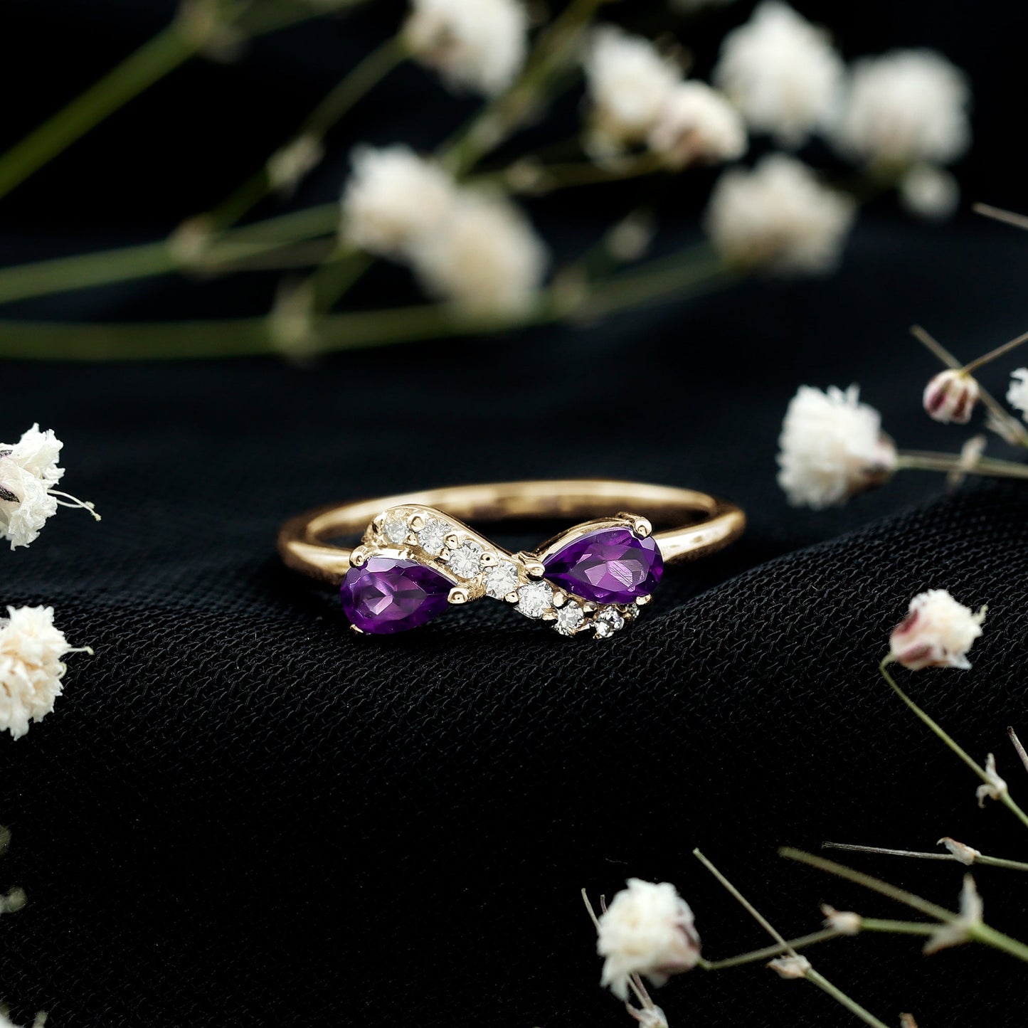 Pear Shaped Amethyst Infinity Promise Ring with Diamond