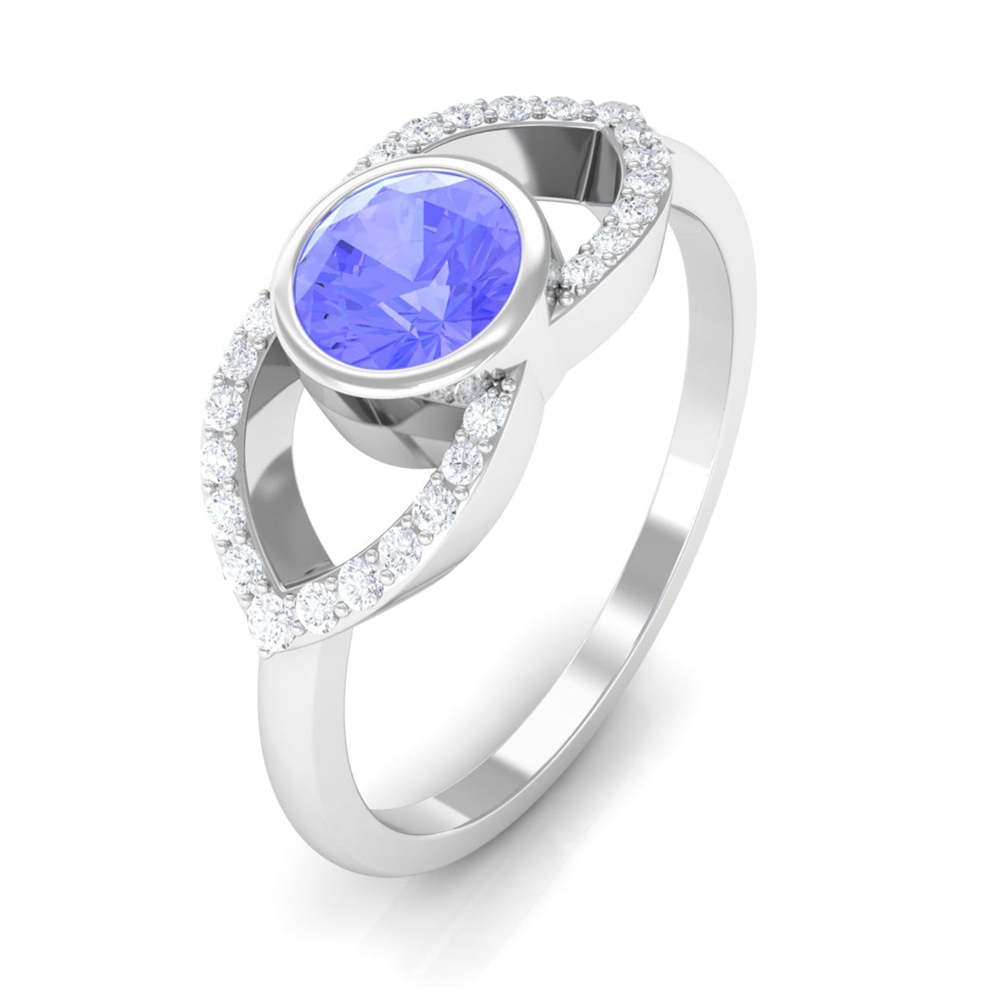 Bezel Set Tanzanite Solitaire Split Shank Ring with Diamond