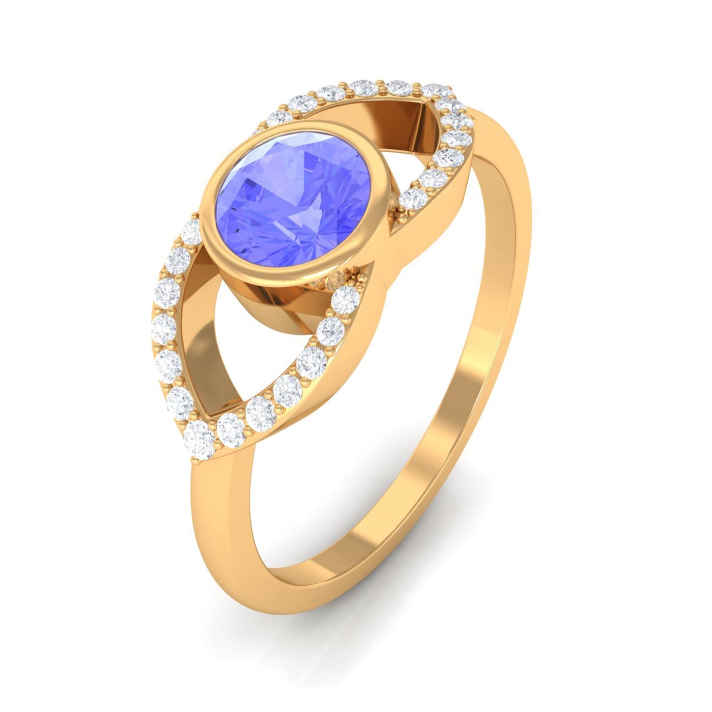 Bezel Set Tanzanite Solitaire Split Shank Ring with Diamond