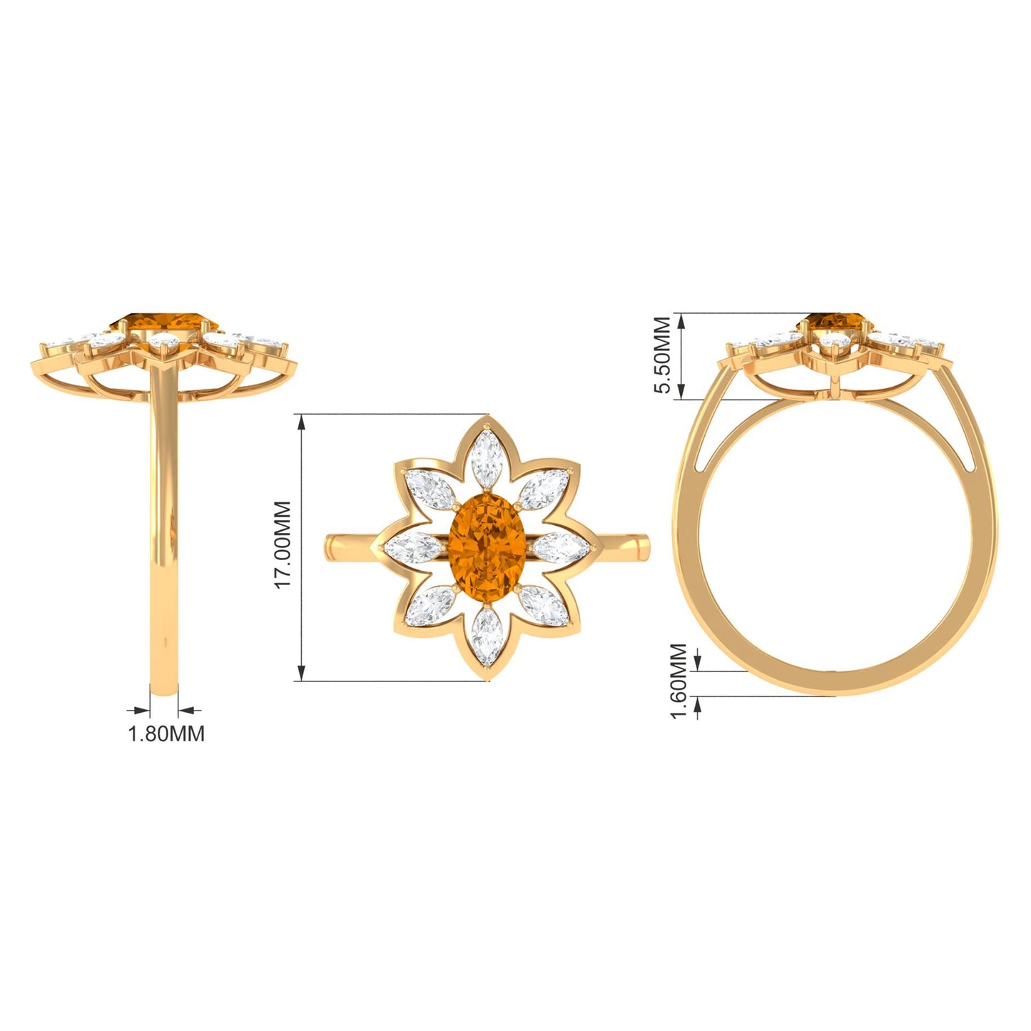1 Carat Oval Cut Citrine Flower Engagement Ring with Diamond Stones