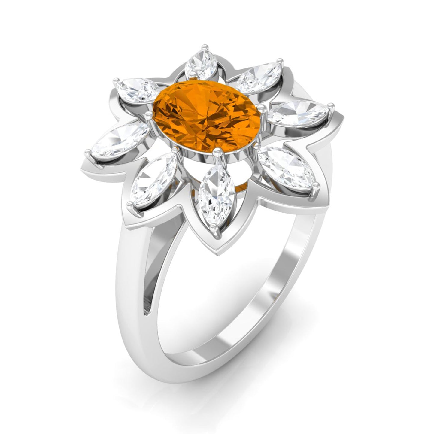 1 Carat Oval Cut Citrine Flower Engagement Ring with Diamond Stones