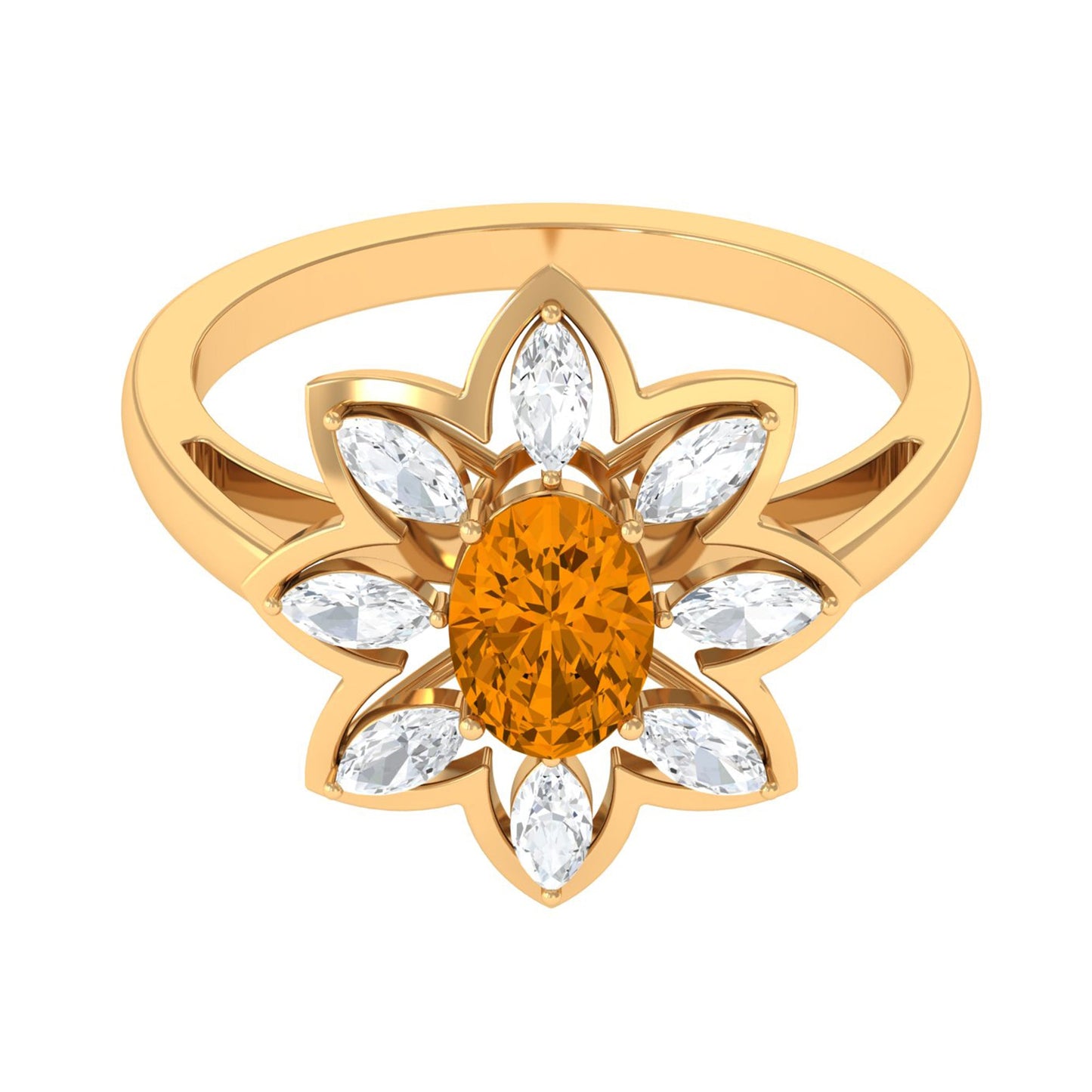 1 Carat Oval Cut Citrine Flower Engagement Ring with Diamond Stones
