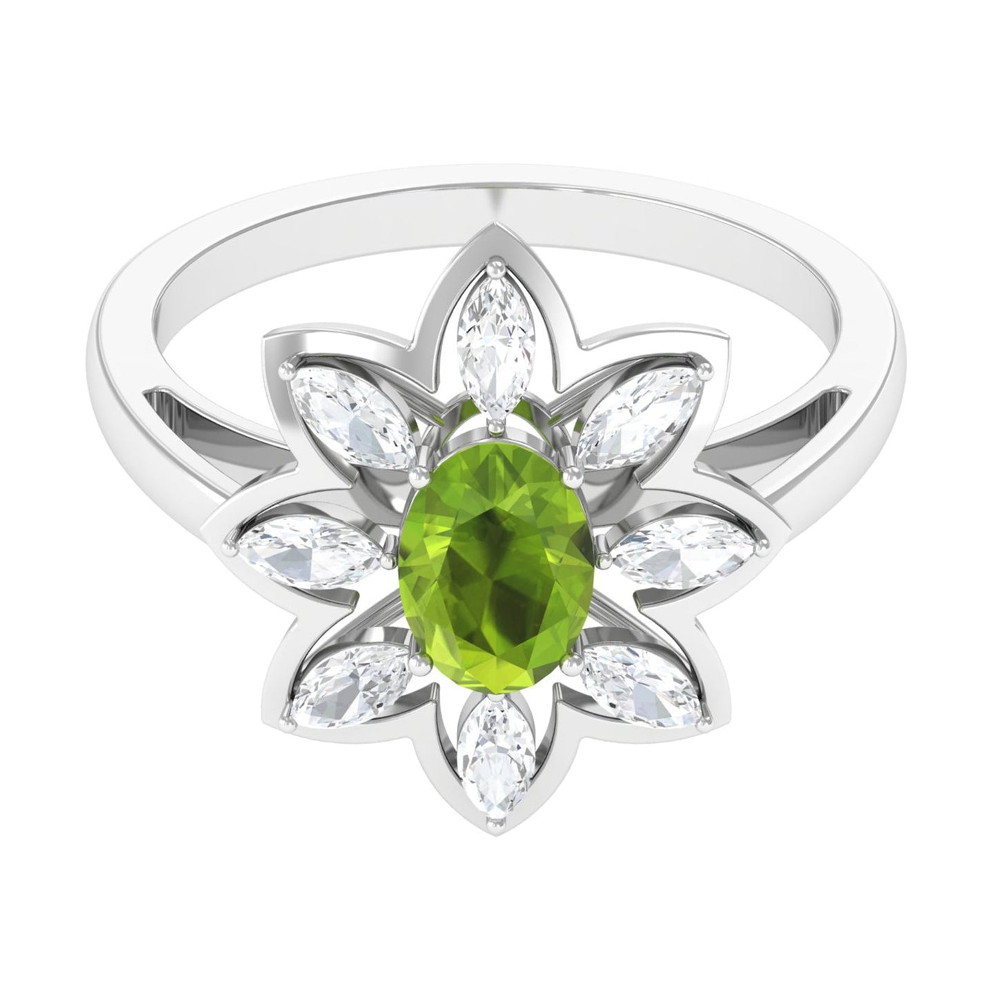 Oval Cut Peridot and Diamond Flower Engagement Ring with Certificate