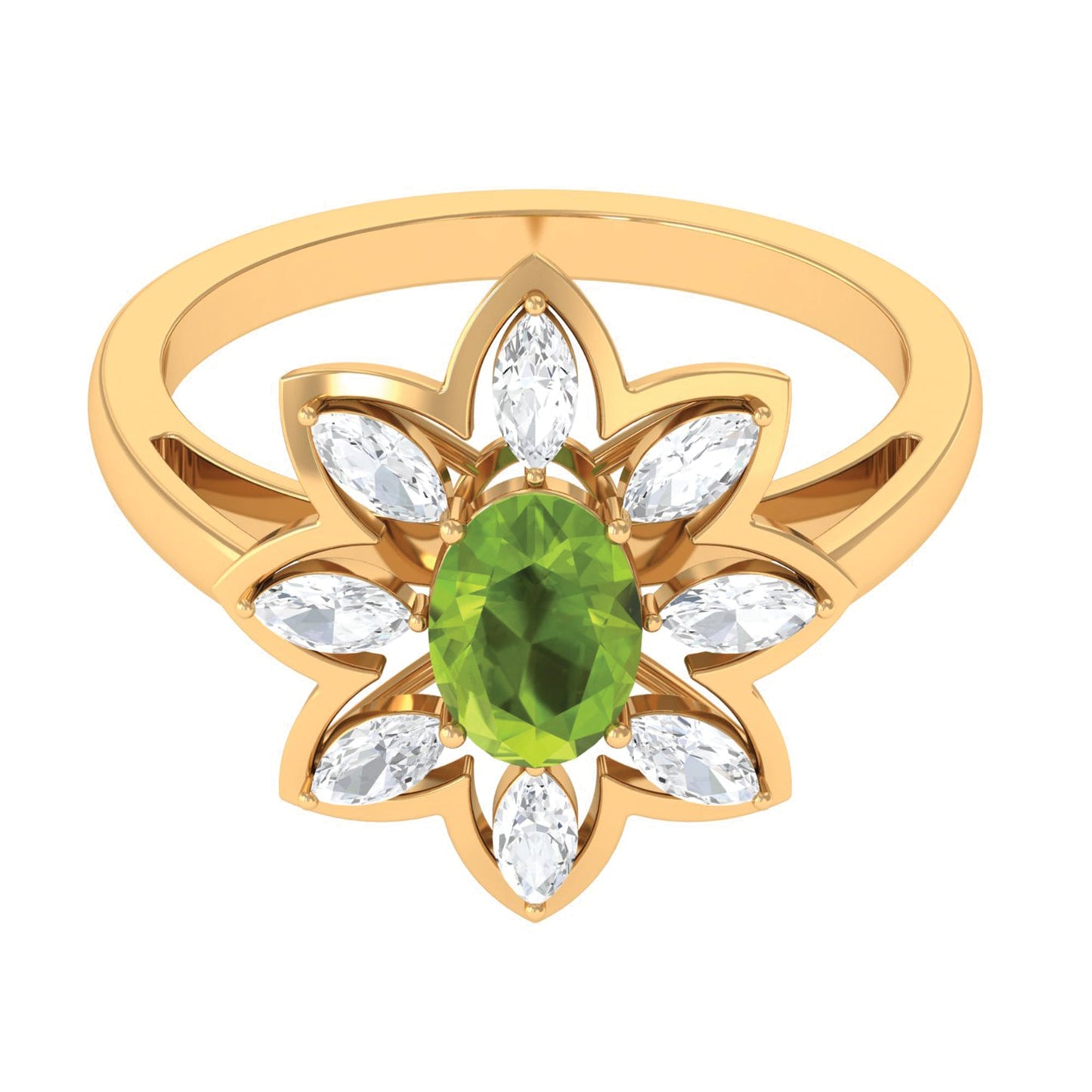 Oval Cut Peridot and Diamond Flower Engagement Ring with Certificate
