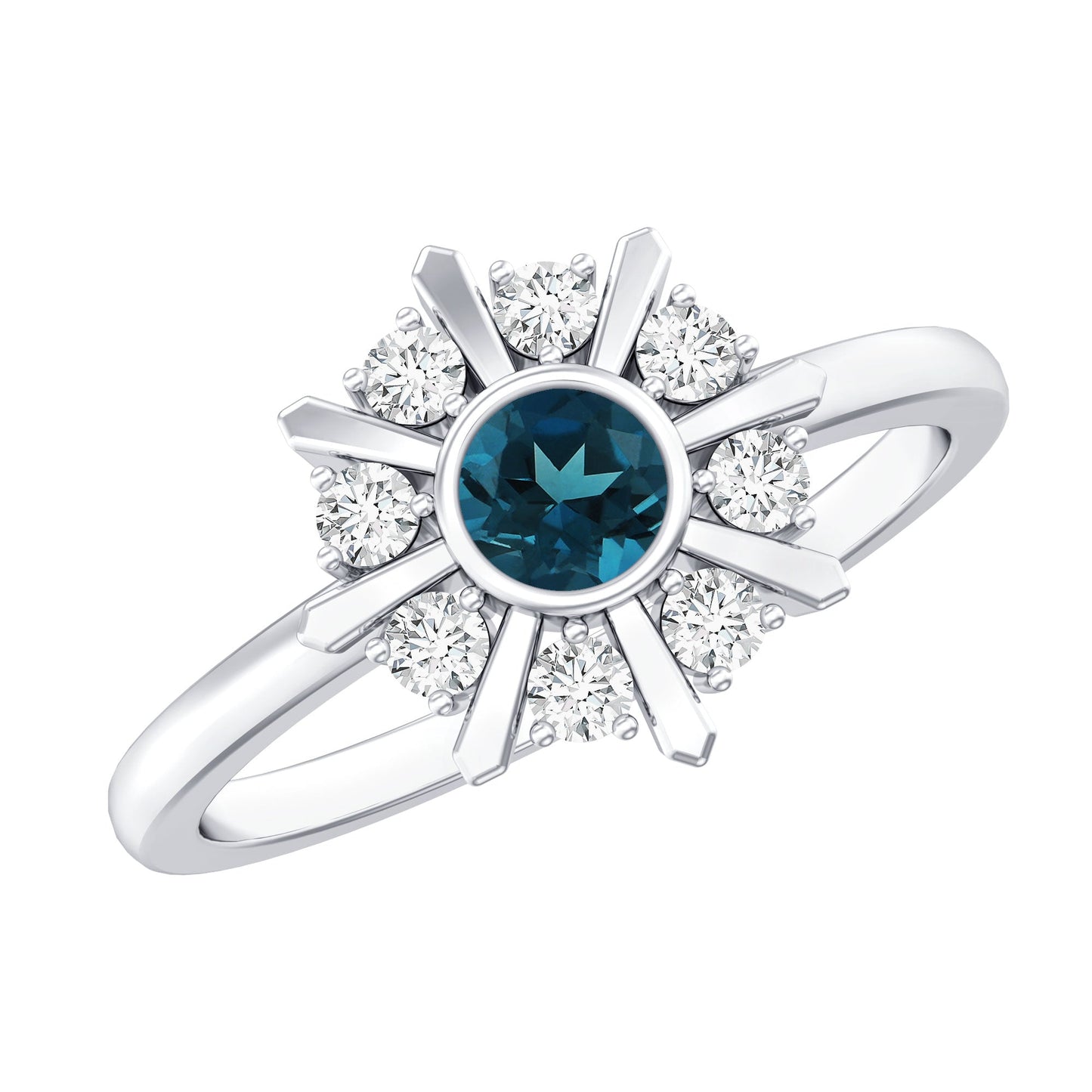0.6 Carat Round London Blue Topaz Flower Ring with Diamond