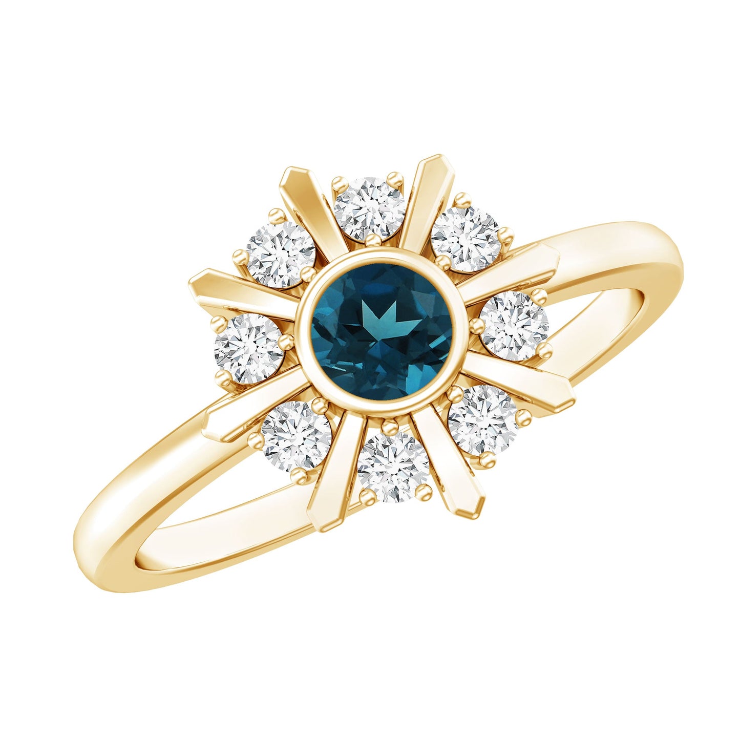 0.6 Carat Round London Blue Topaz Flower Ring with Diamond
