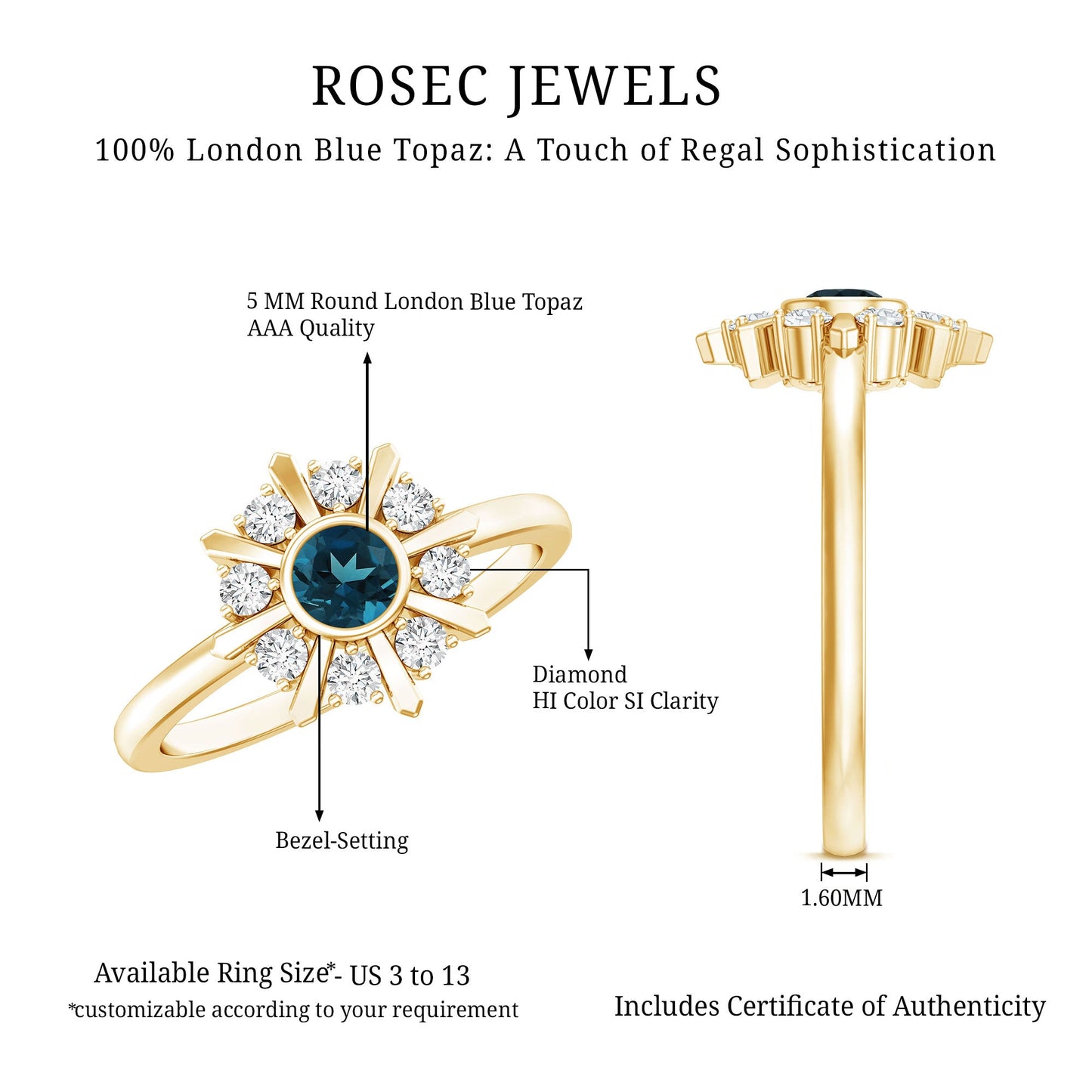 0.6 Carat Round London Blue Topaz Flower Ring with Diamond
