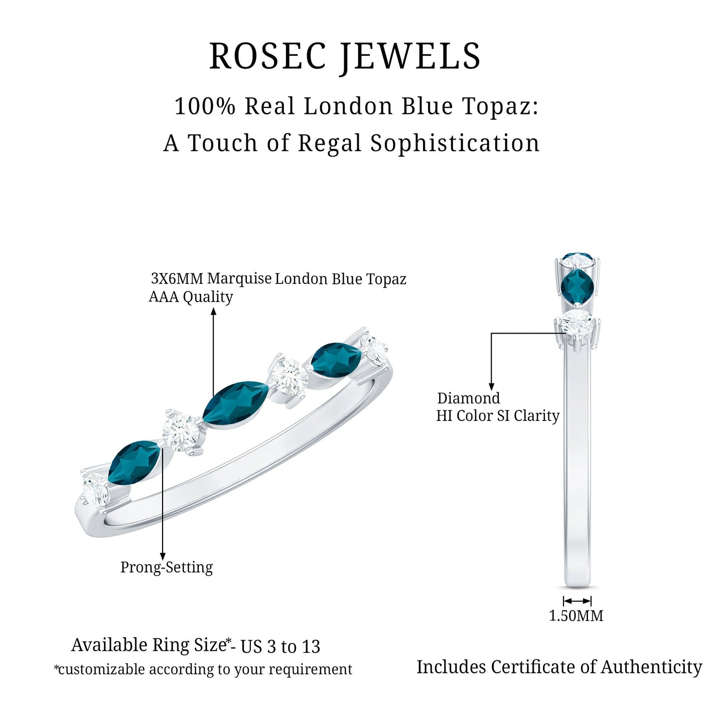 Marquise London Blue Topaz Stackable Eternity Band with Diamond
