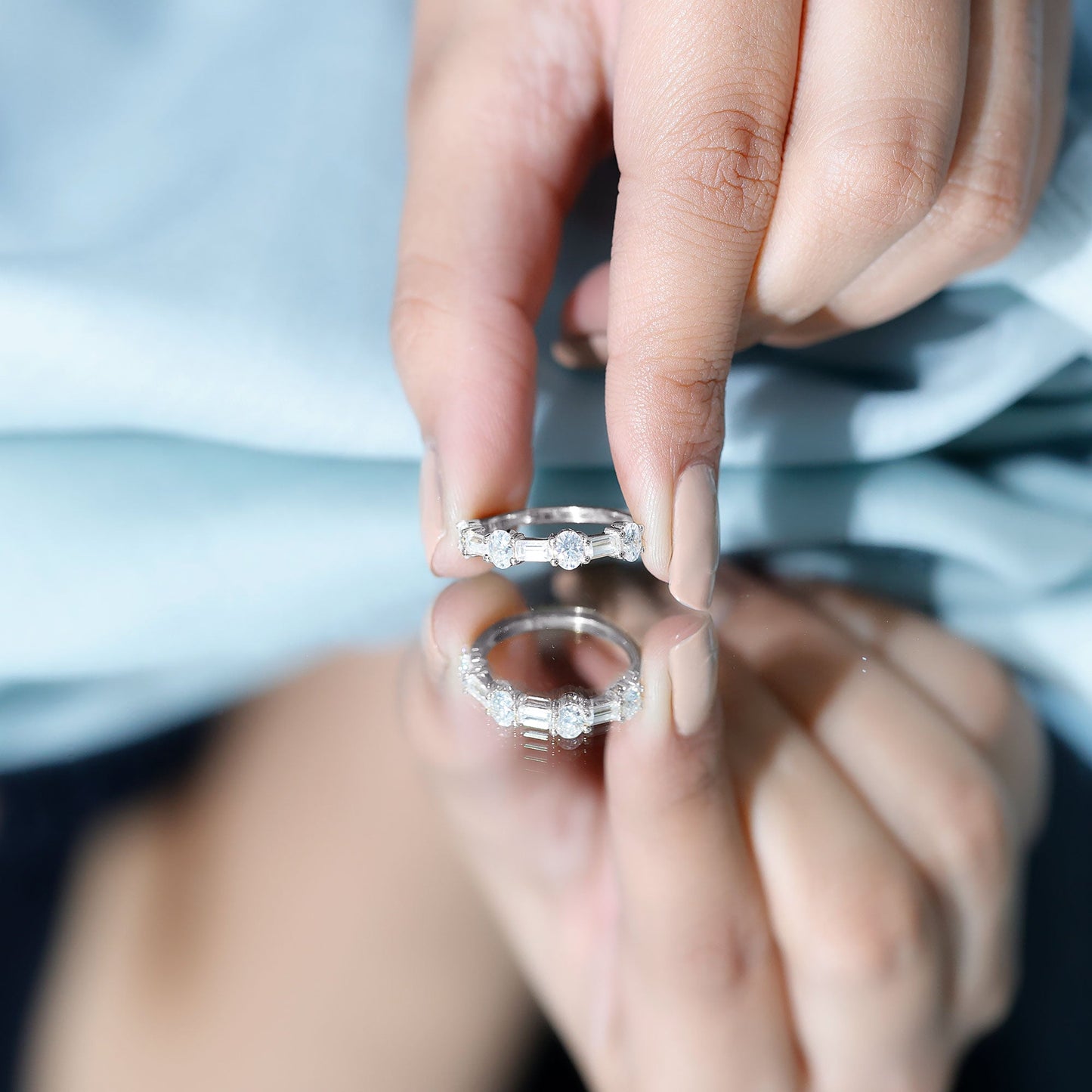 Oval and Baguette Cut Moissanite Half Eternity Ring
