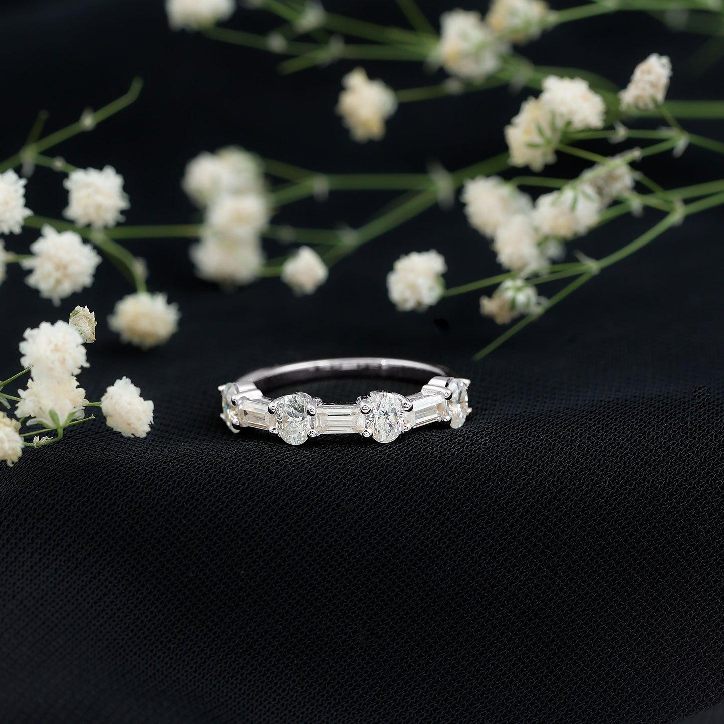 Oval and Baguette Cut Moissanite Half Eternity Ring