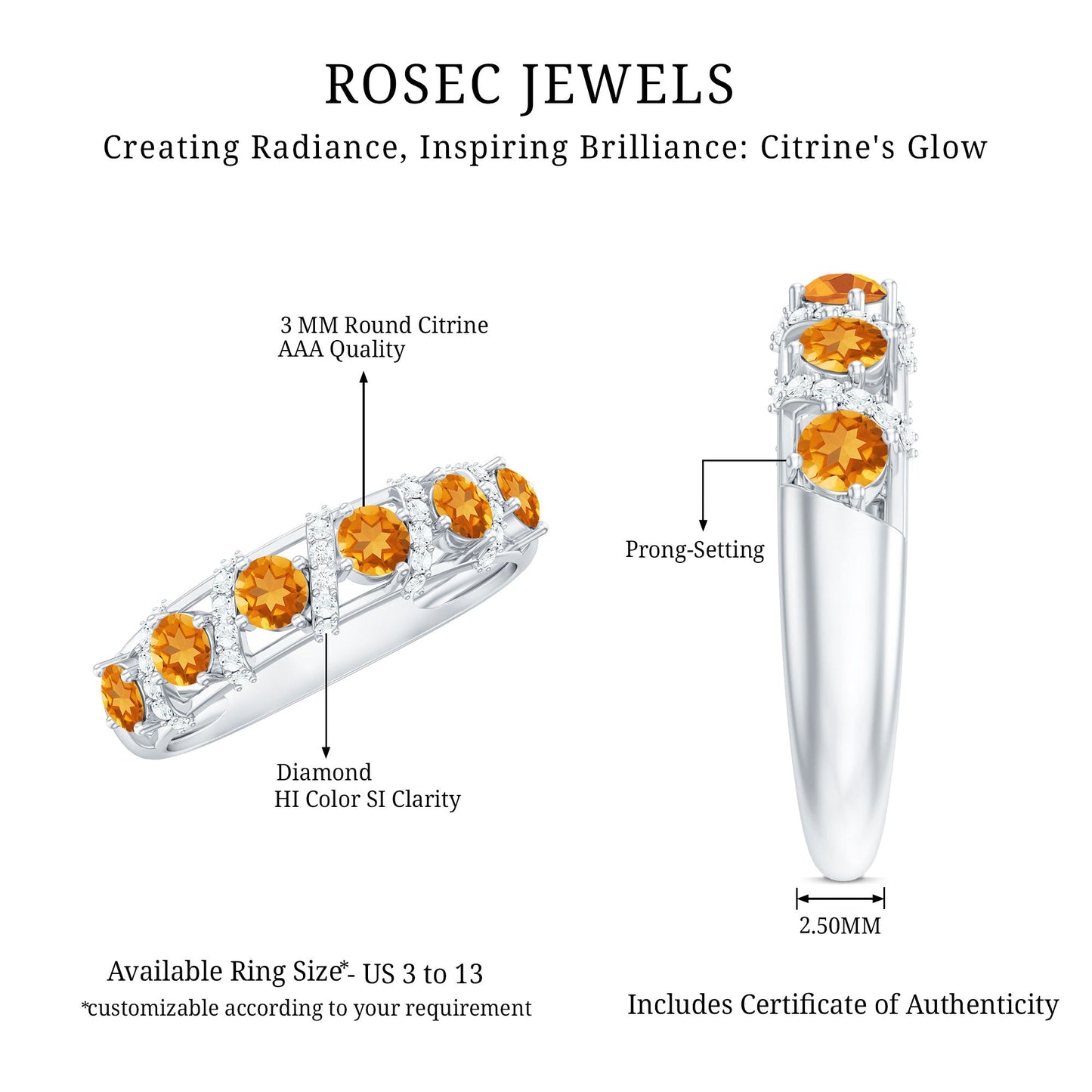 Natural Citrine Diamond Half Eternity Wedding Anniversary Ring
