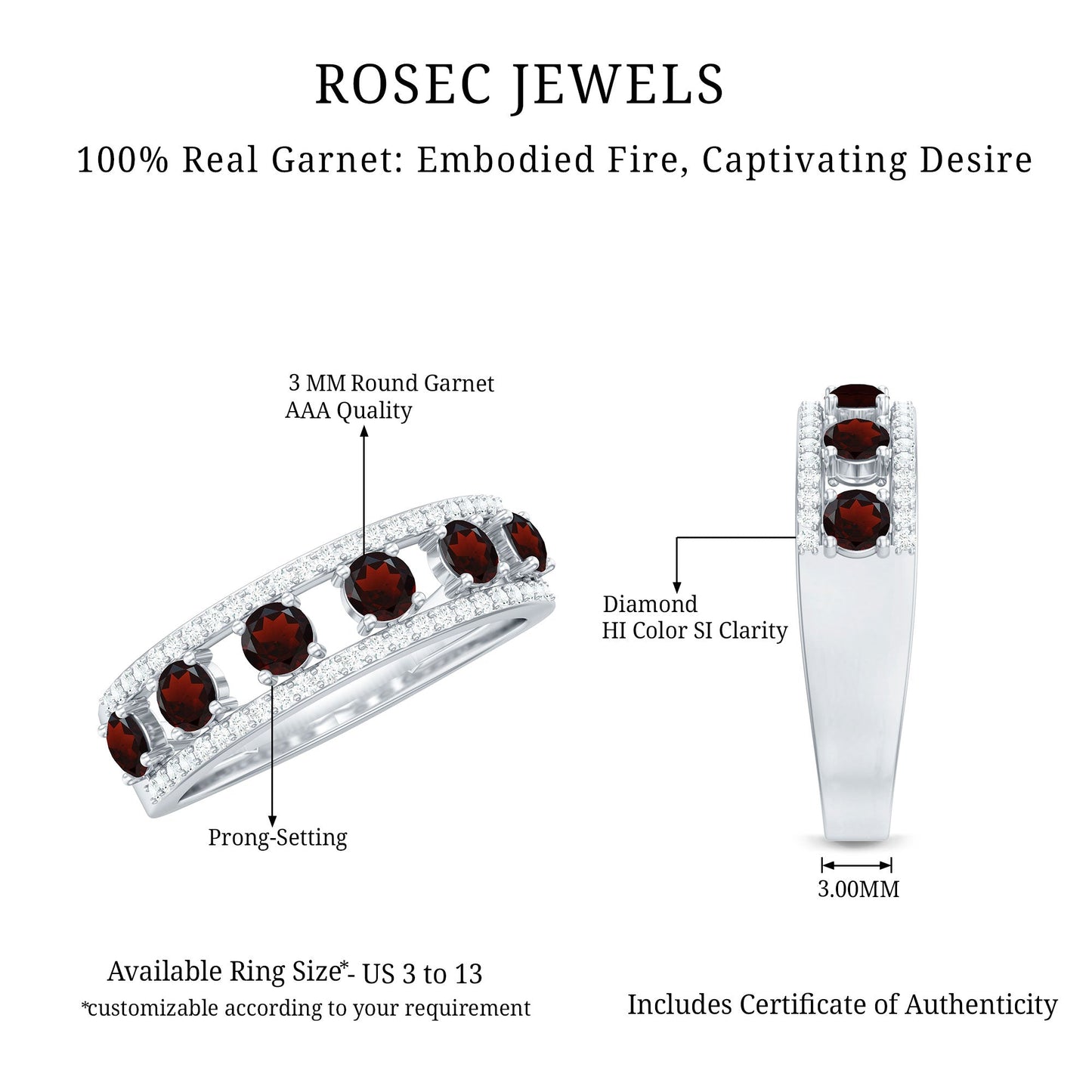 Natural Garnet Half Eternity Band with Diamond