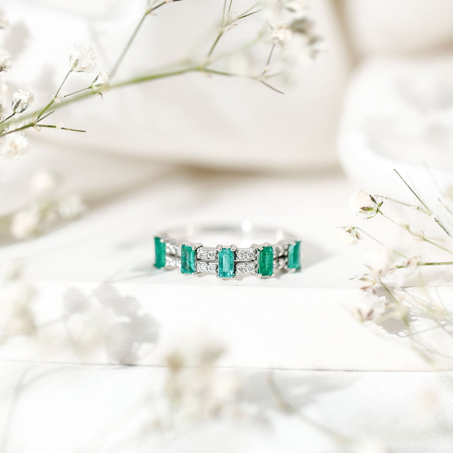 Baguette Cut Emerald and Diamond Half Eternity Band