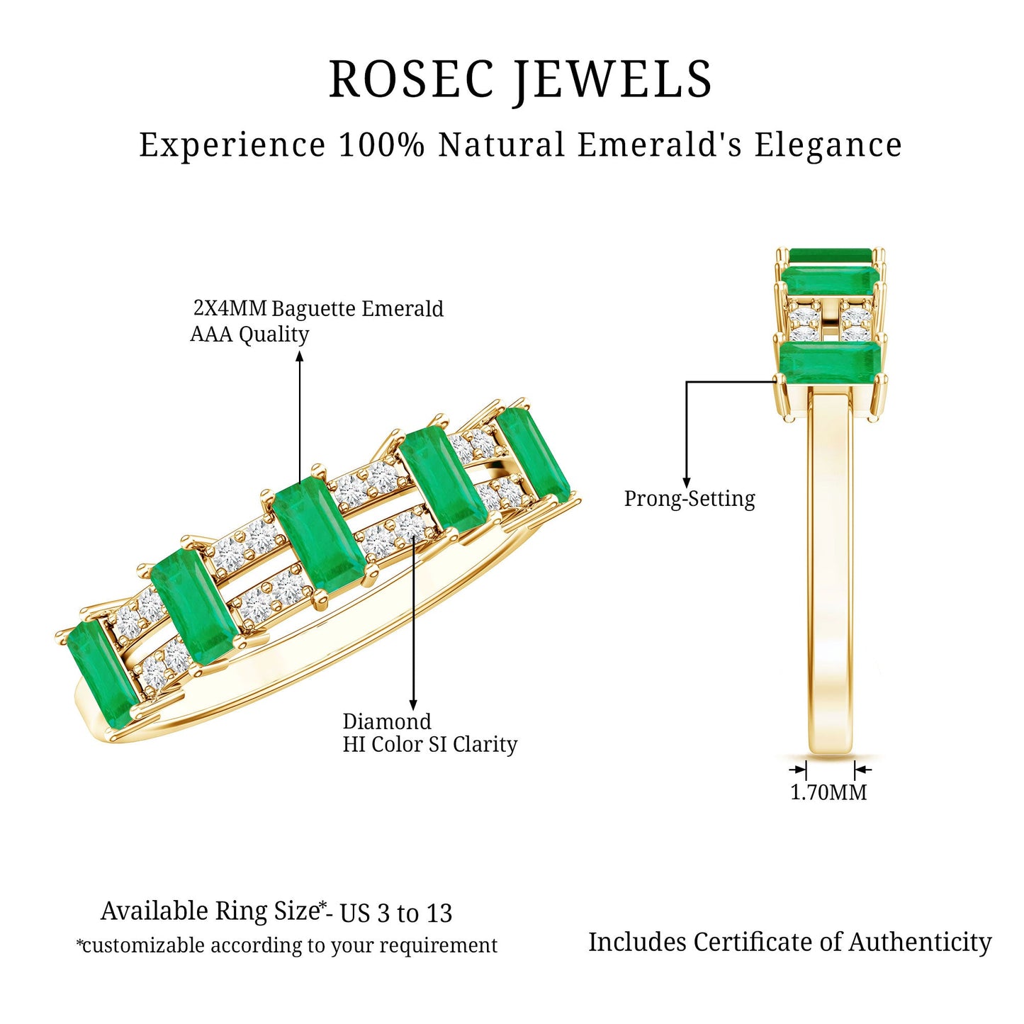 Baguette Cut Emerald and Diamond Half Eternity Band