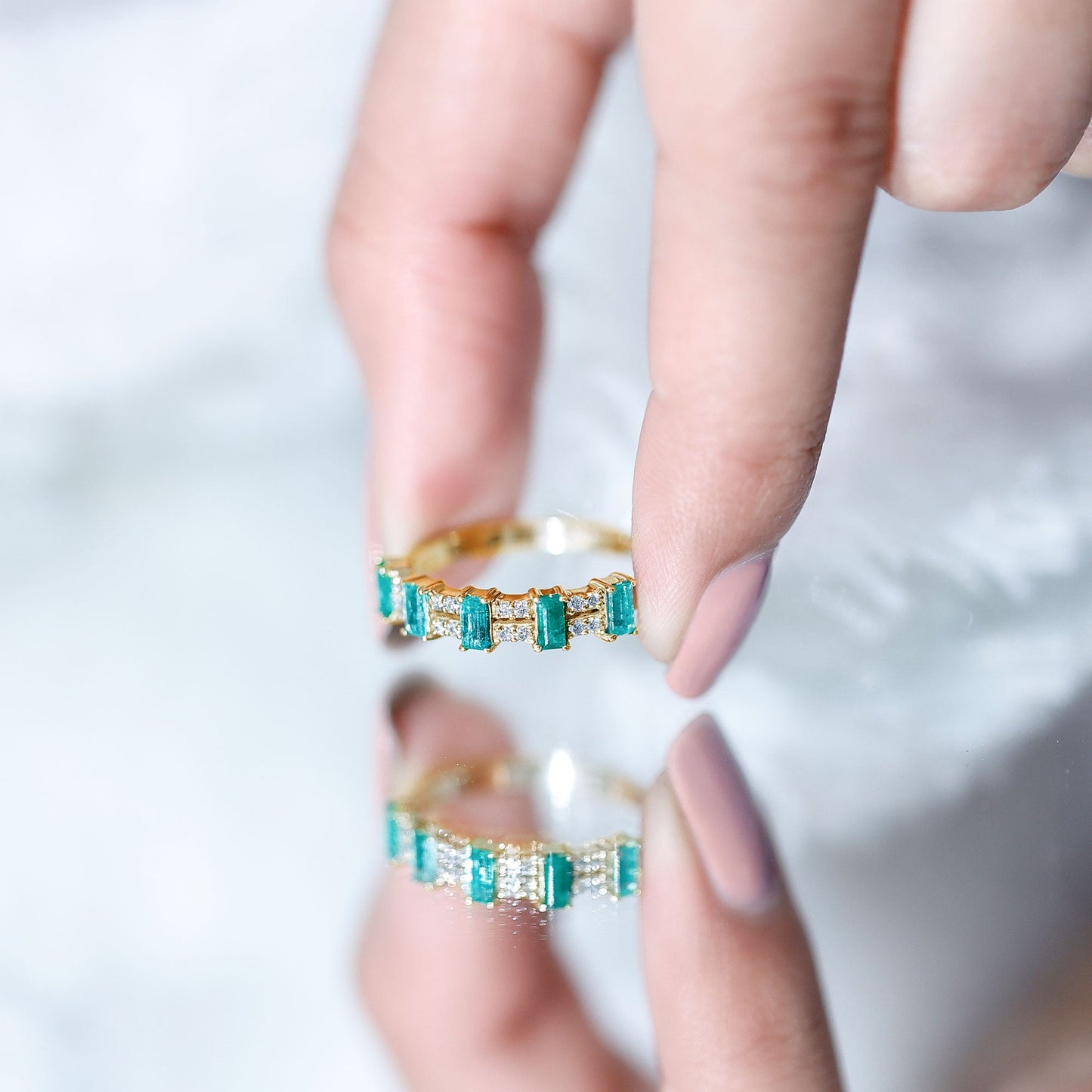 Baguette Cut Emerald and Diamond Half Eternity Band