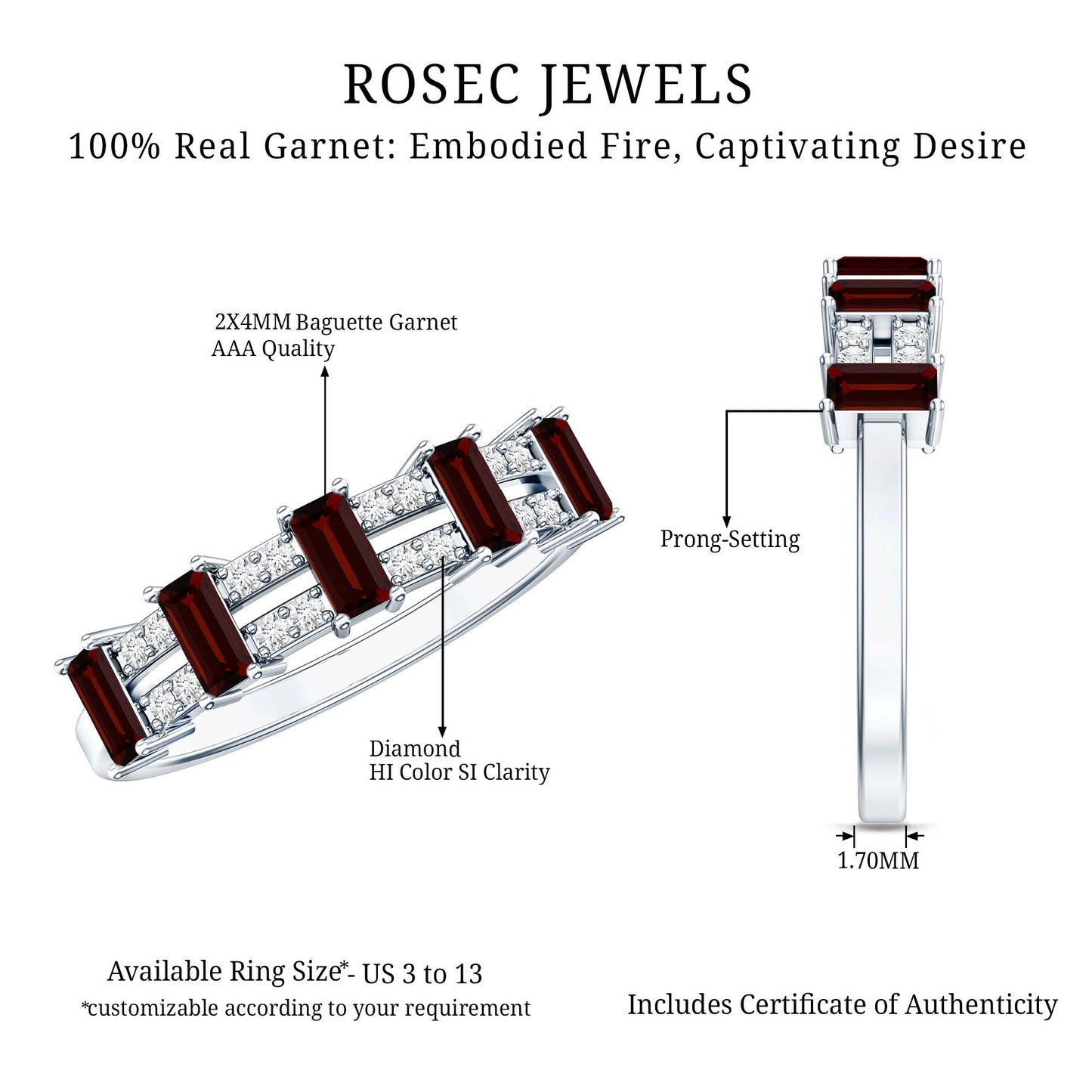 Natural Baguette Garnet Half Eternity Band with Diamond