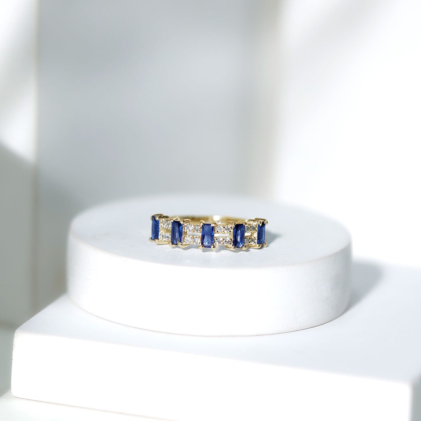 Certified Baguette Lab Grown Blue Sapphire Half Eternity Band Ring with Diamond