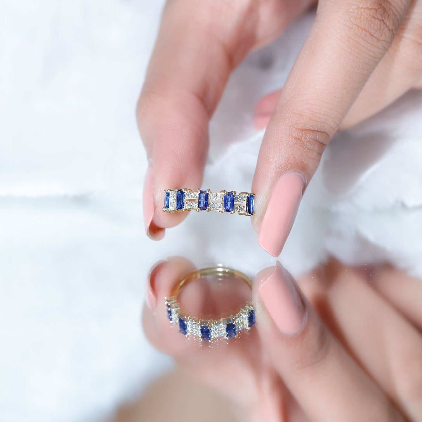 Certified Baguette Lab Grown Blue Sapphire Half Eternity Band Ring with Diamond