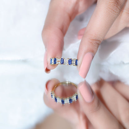 Certified Baguette Lab Grown Blue Sapphire Half Eternity Band Ring with Diamond